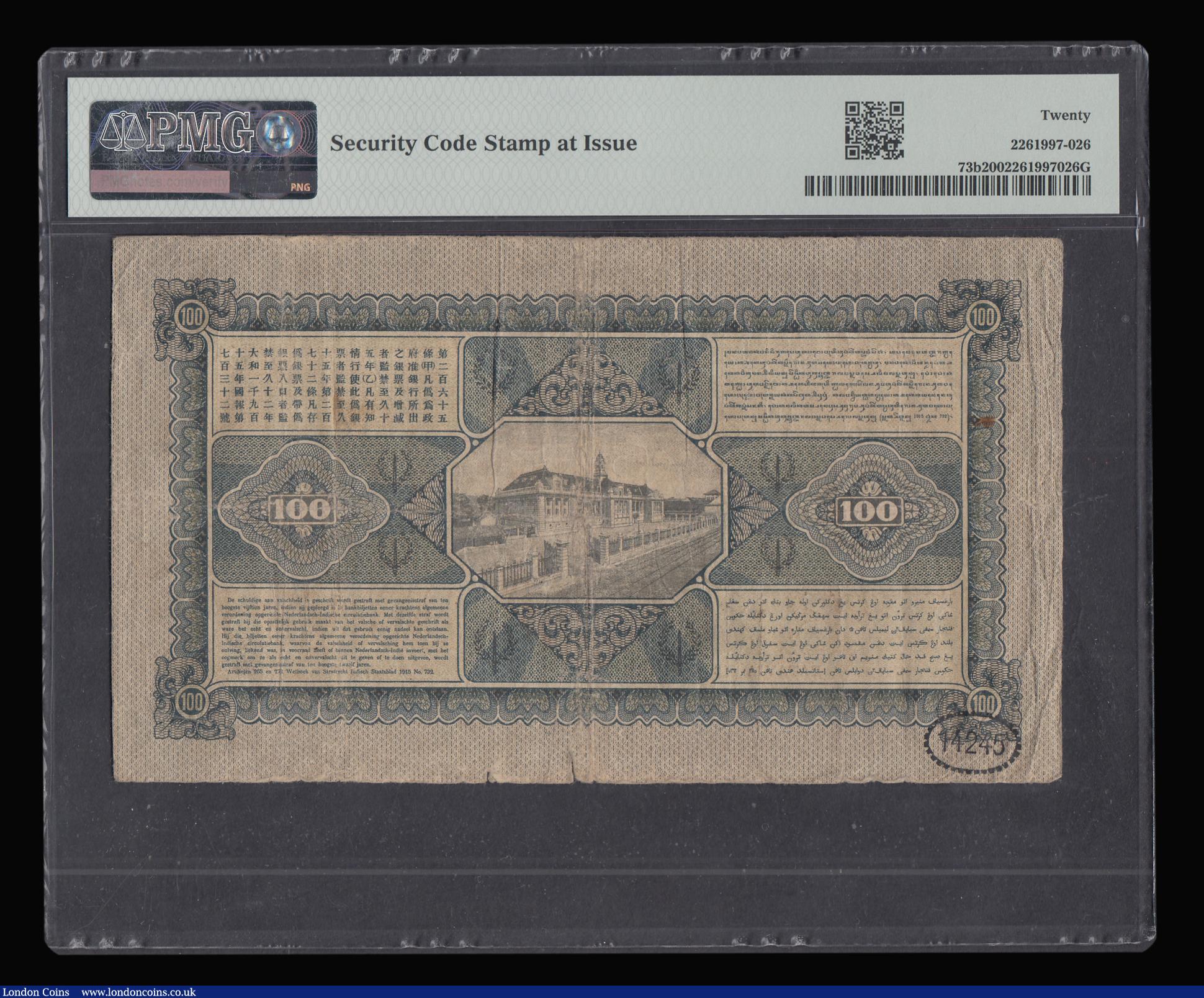 London Coins : A188 : Lot 194 : Netherlands Indies Javasche Bank 100 Gulden Batavia 18.1.1928 Pick 73b S/N GG 05713 graded Very Fine...