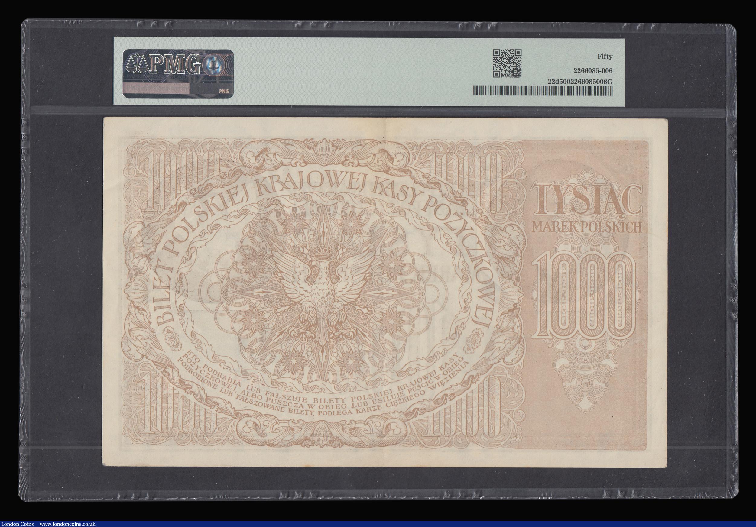 London Coins : A188 : Lot 212 : Poland State Loan Bank 1000 Marek 1919 watermark Eagle Arms and without engraver Pick 22d, CM#22g-h ...