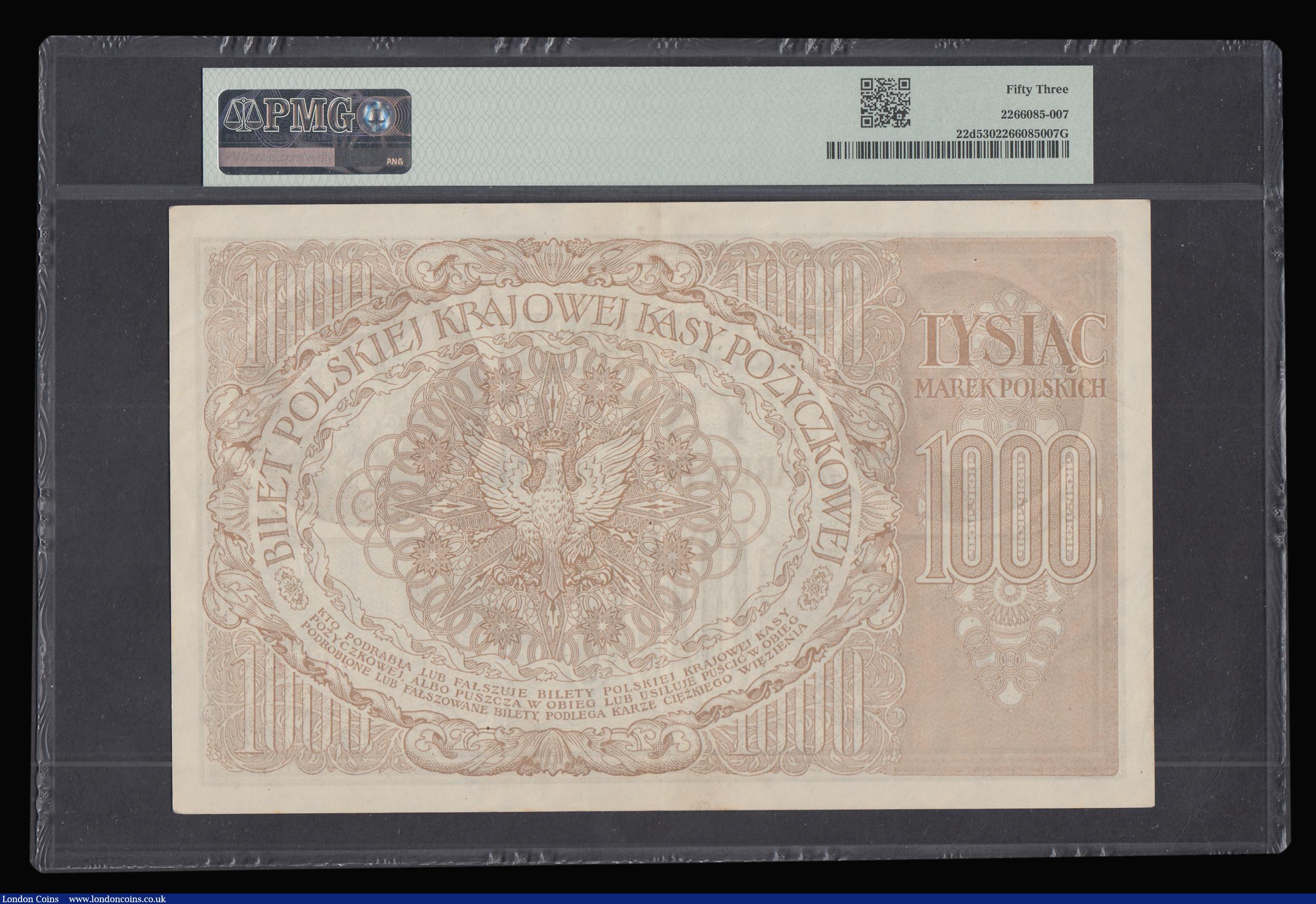 London Coins : A188 : Lot 213 : Poland State Loan Bank 1000 Marek 1919 watermark Eagle Arms and without engraver Pick 22d, CM#22g-h ...