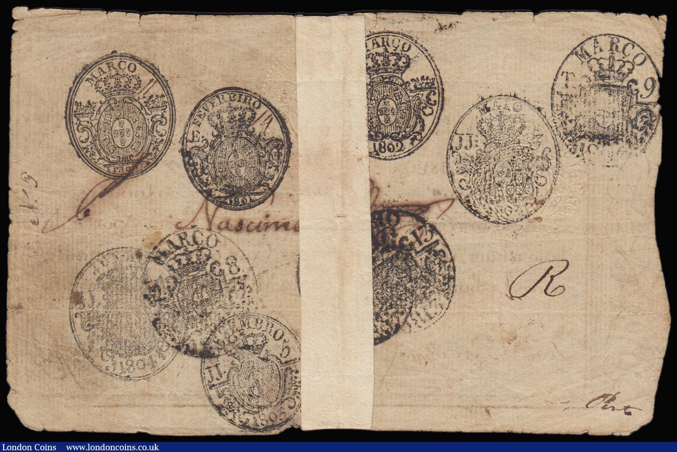 London Coins : A188 : Lot 214 : Portugal War of the 2 Brothers 10000 reis issued 1826 (old date 1799) series No.90721, Pick28, repai...