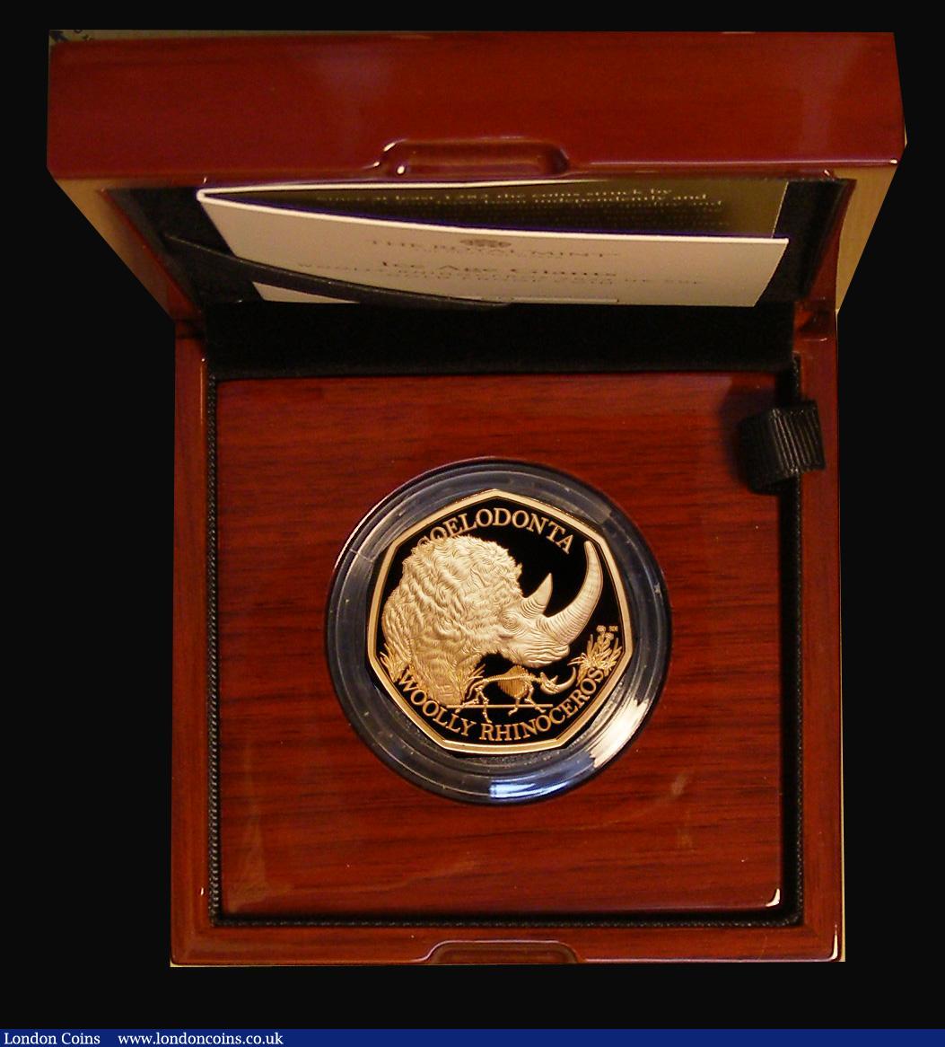 London Coins : A188 : Lot 299 : Fifty Pence 2024 Ice Age Giants - Woolly Rhinoceros Gold Proof FDC in the Royal Mint box of issue wi...