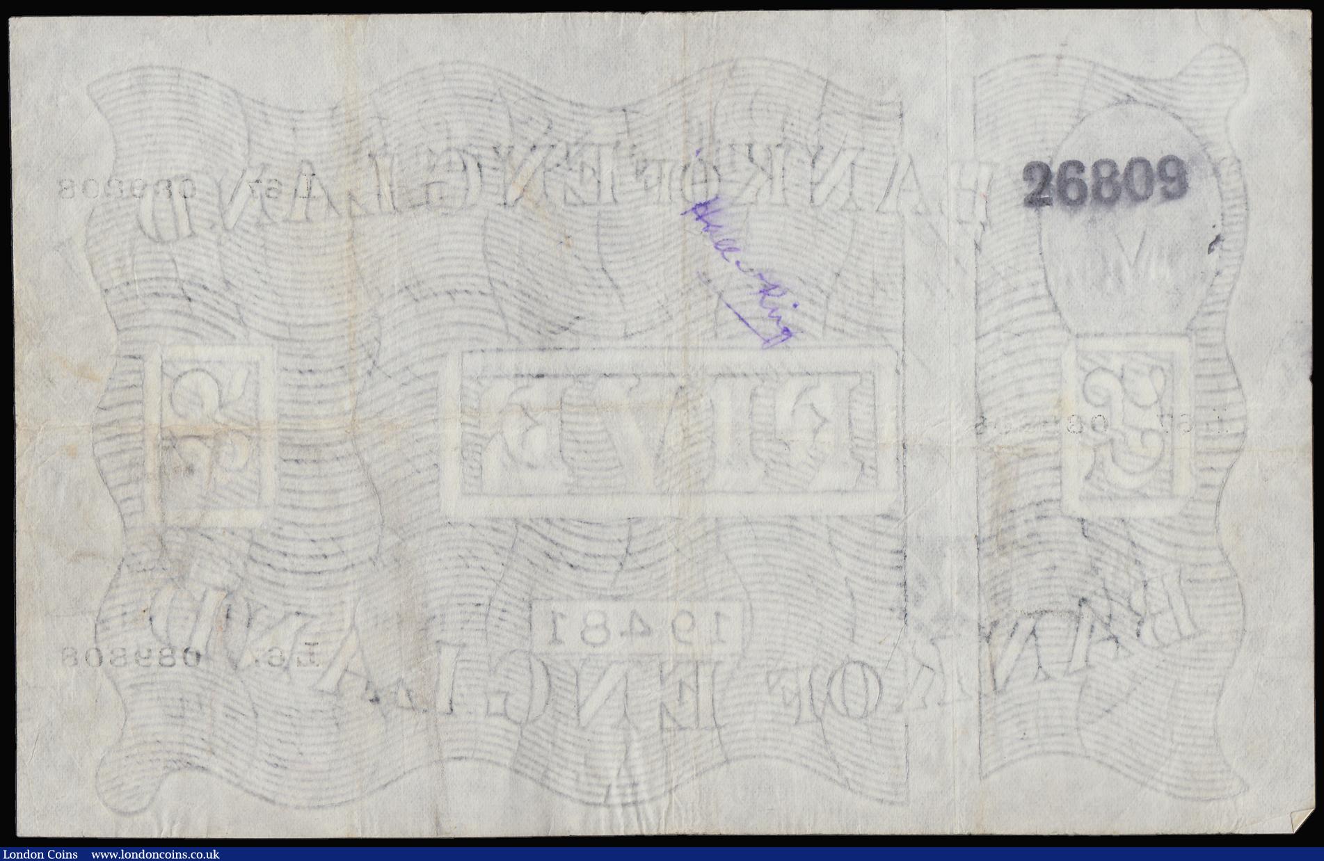 London Coins : A188 : Lot 42 : Five Pounds Peppiatt white B264 thin paper dated 17th March 1947 series L67 089808, aVF with some ba...