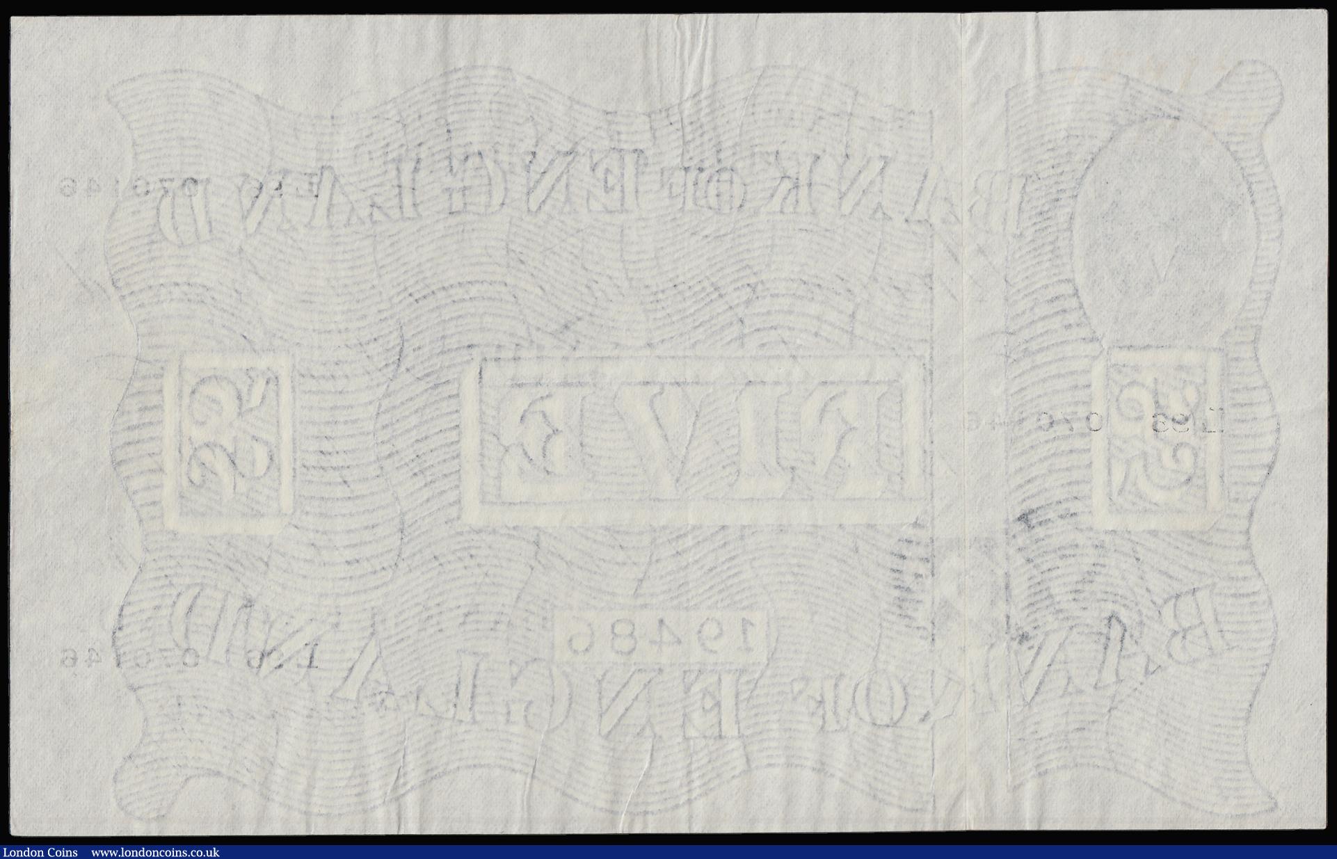 London Coins : A188 : Lot 43 : Five Pounds Peppiatt white B264 thin paper dated 21 April 1947 prefix L96 GVF