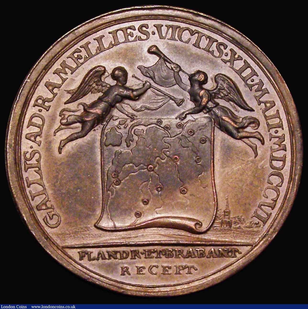 London Coins : A188 : Lot 551 : Battle of Ramilles 1706 35mm diameter in bronze by J. Croker, Obverse: Bust left, draped ANNA . D. G...