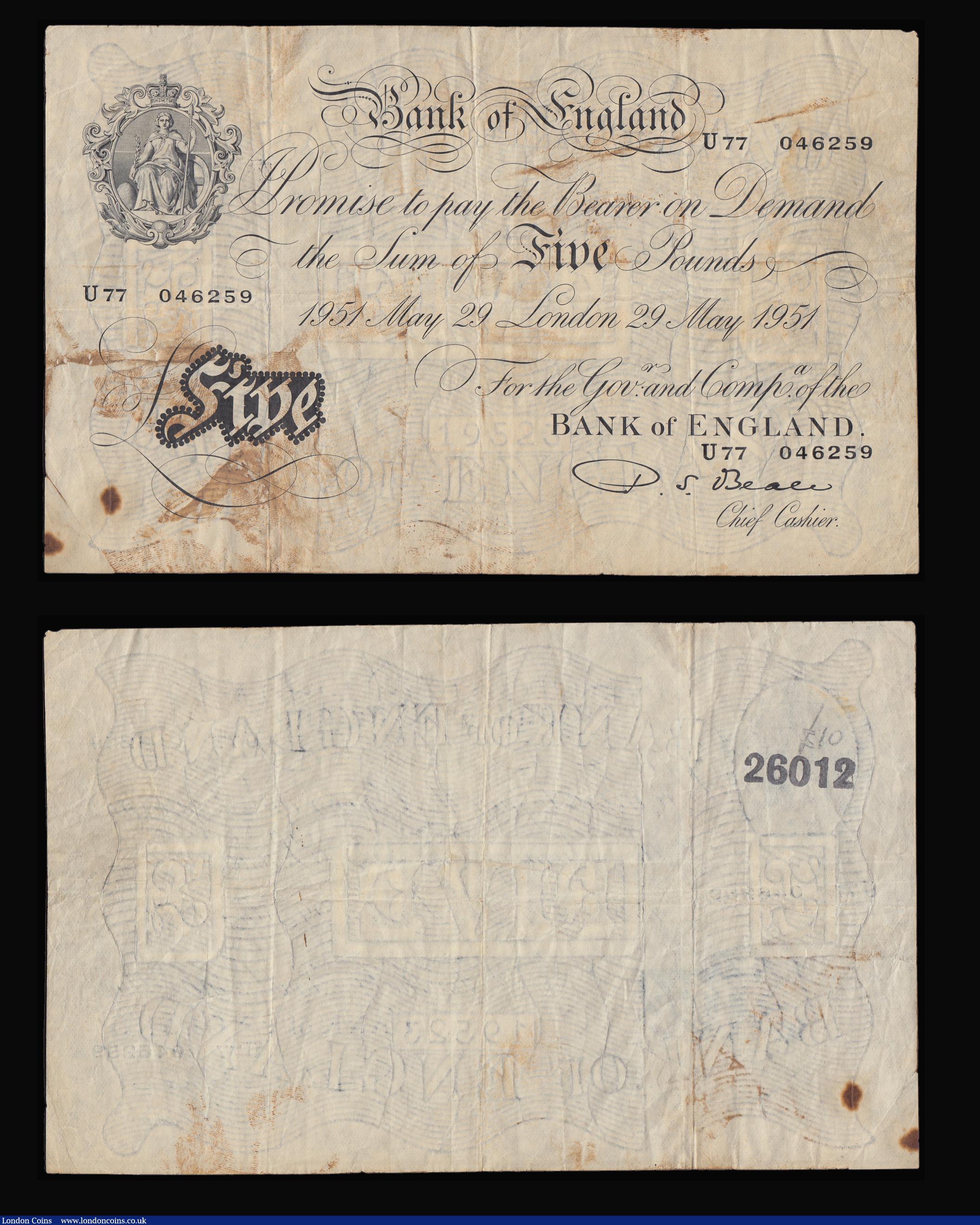 London Coins : A188 : Lot 58 : Five Pounds white (3) Beale (2) 19 March 1949 prefix M88, 29 May 1951 prefix U77, O'Brien 5 Feb...