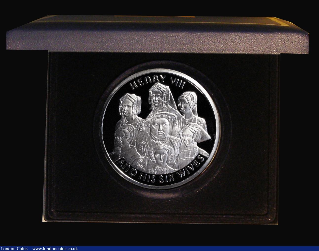 London Coins : A188 : Lot 674 : Britannia Medal 2009 Henry VIII and his six wives, 65mm diameter 5oz. Silver Proof nFDC with a sligh...