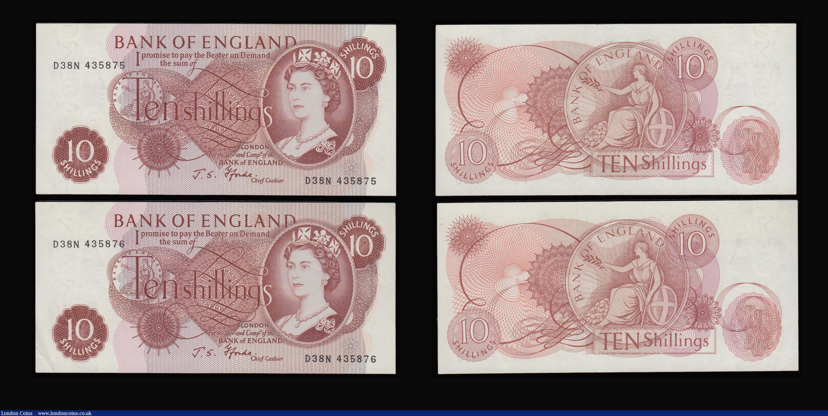 London Coins : A188 : Lot 69 : Ten Shillings Fforde B310 issued 1967 very last run D38N (5 consecutives) 435872 - 876 UNC