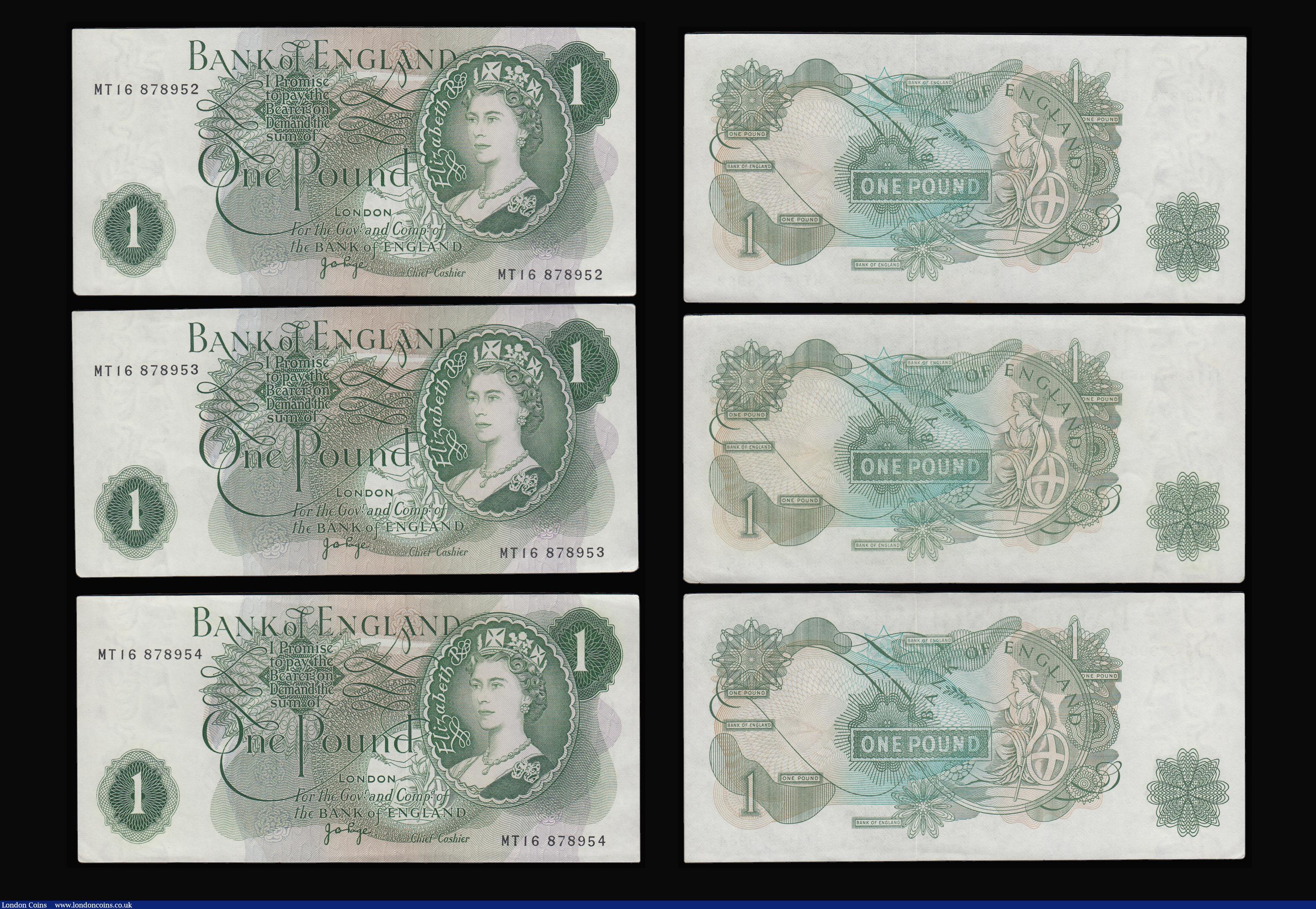 London Coins : A188 : Lot 71 : One Pound Page (6) B323 S/N MW19 748009 scarce last run replacement, issued 1970, AU along with One ...