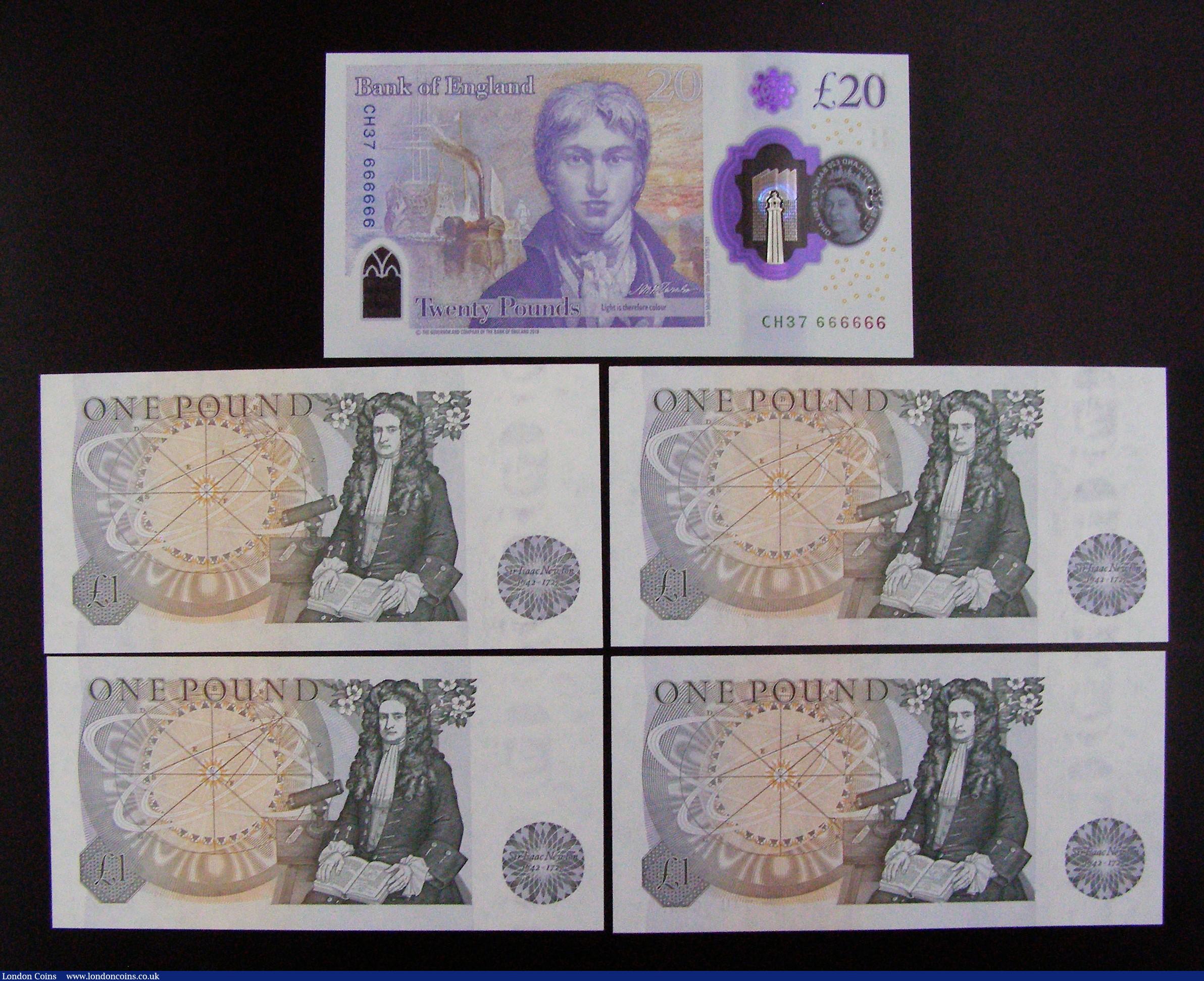 London Coins : A188 : Lot 77 : Interesting serial numbers (5) One Pound Page Isaac Newton B339 1978 (4) spectacular group of four m...