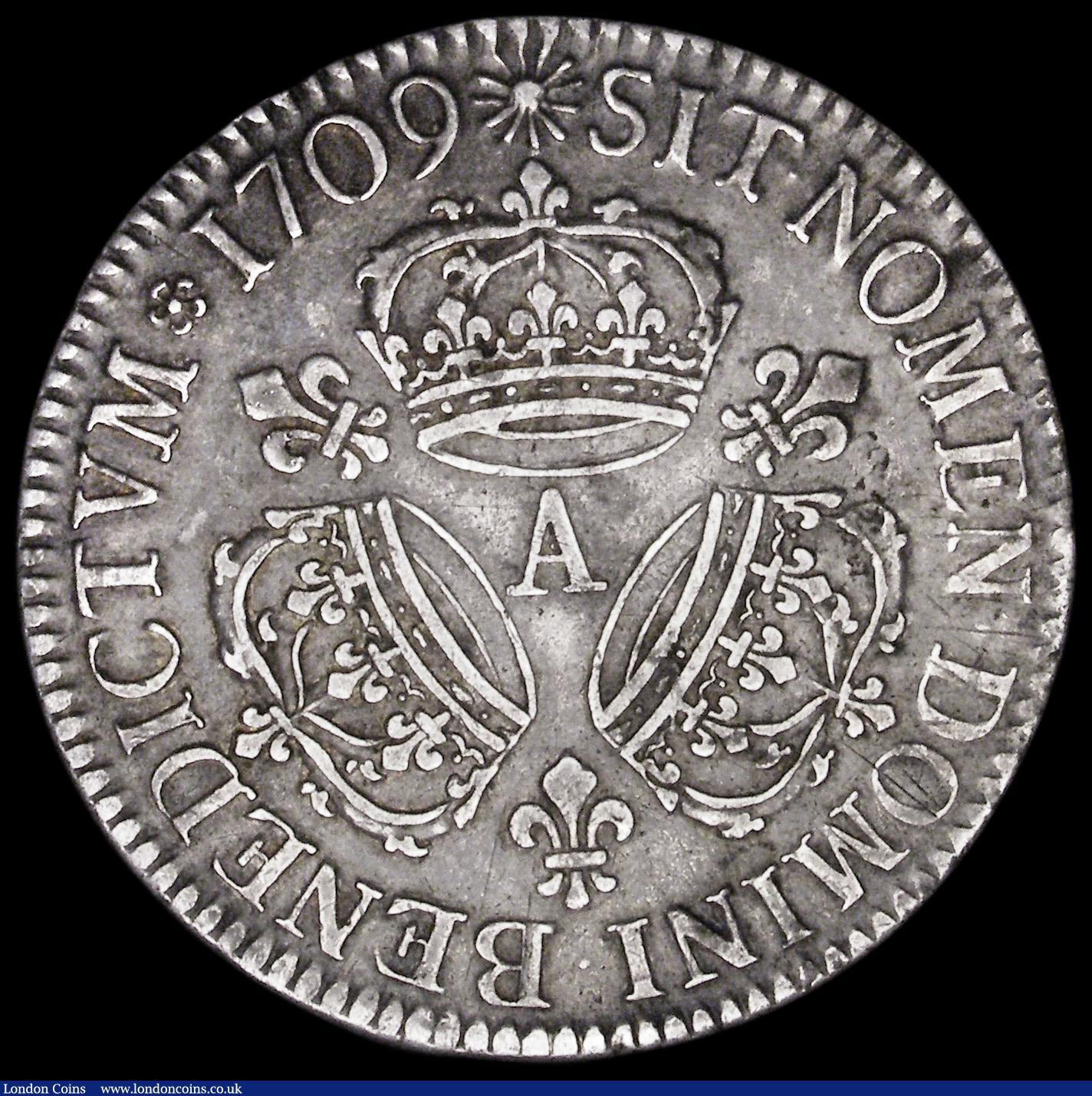 London Coins : A188 : Lot 793 : France Ecu 1709A Sun King VF for wear but with two initials engraved in the obverse field one each s...