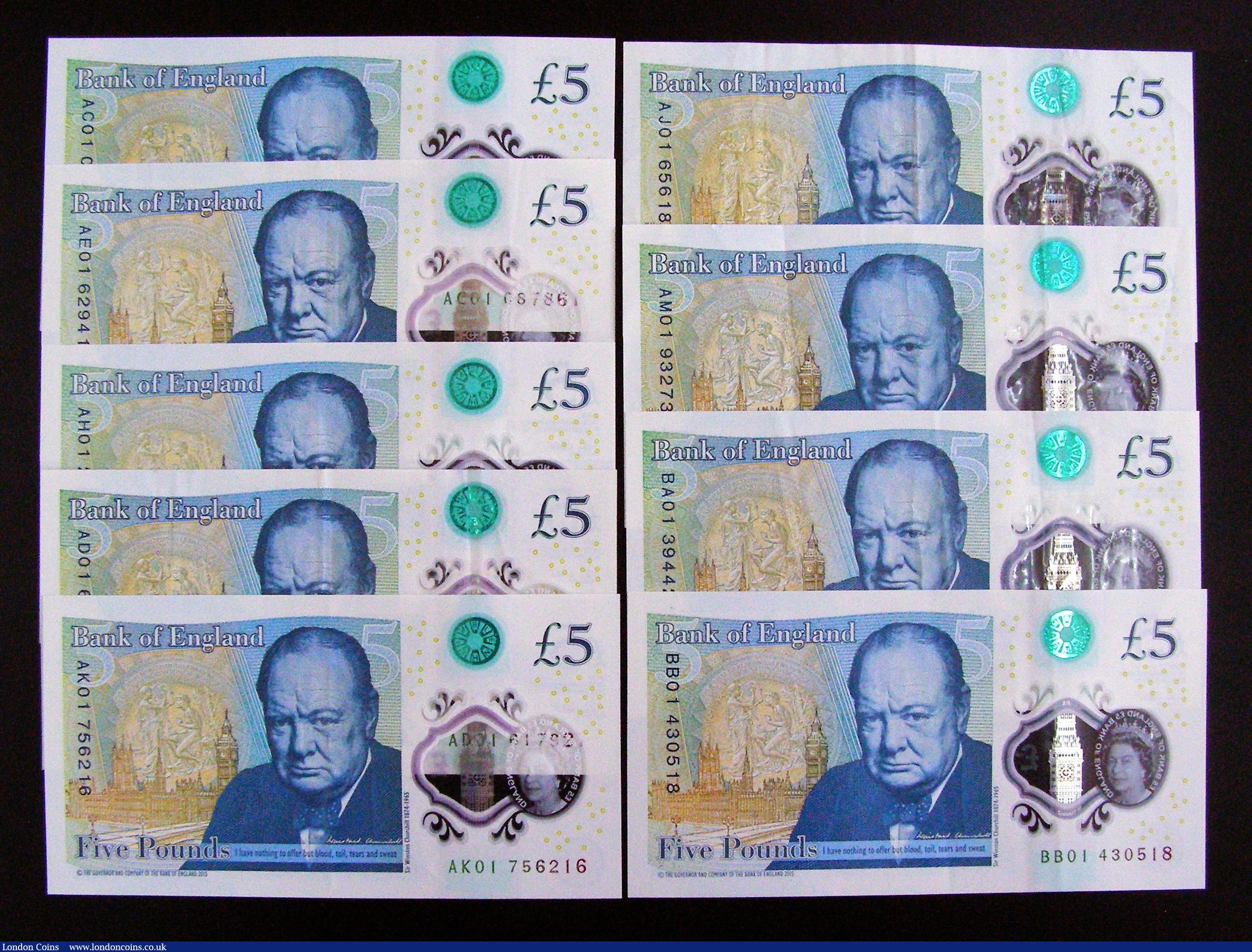 London Coins : A188 : Lot 93 : Five Pounds Churchill reverse Cleland (9) all with xx01 prefixes AC01, AE01, AH01, AD01, AJ01, AK01,...