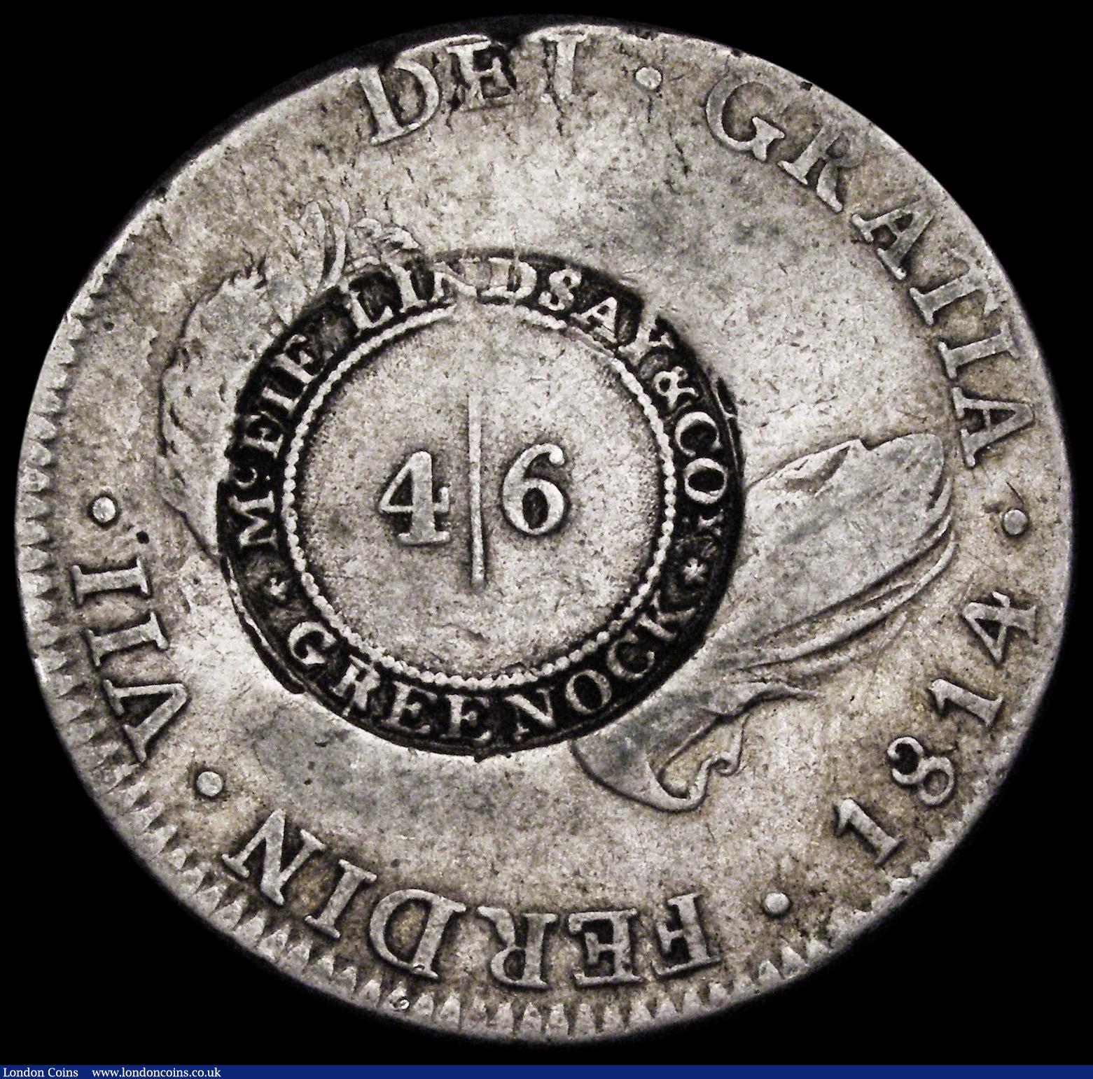 London Coins : A188 : Lot 932 : Scotland Four Shillings and Sixpence, undated, countermarked 4/6 MCFIE LINDSAY & COY . GREENOCK,...