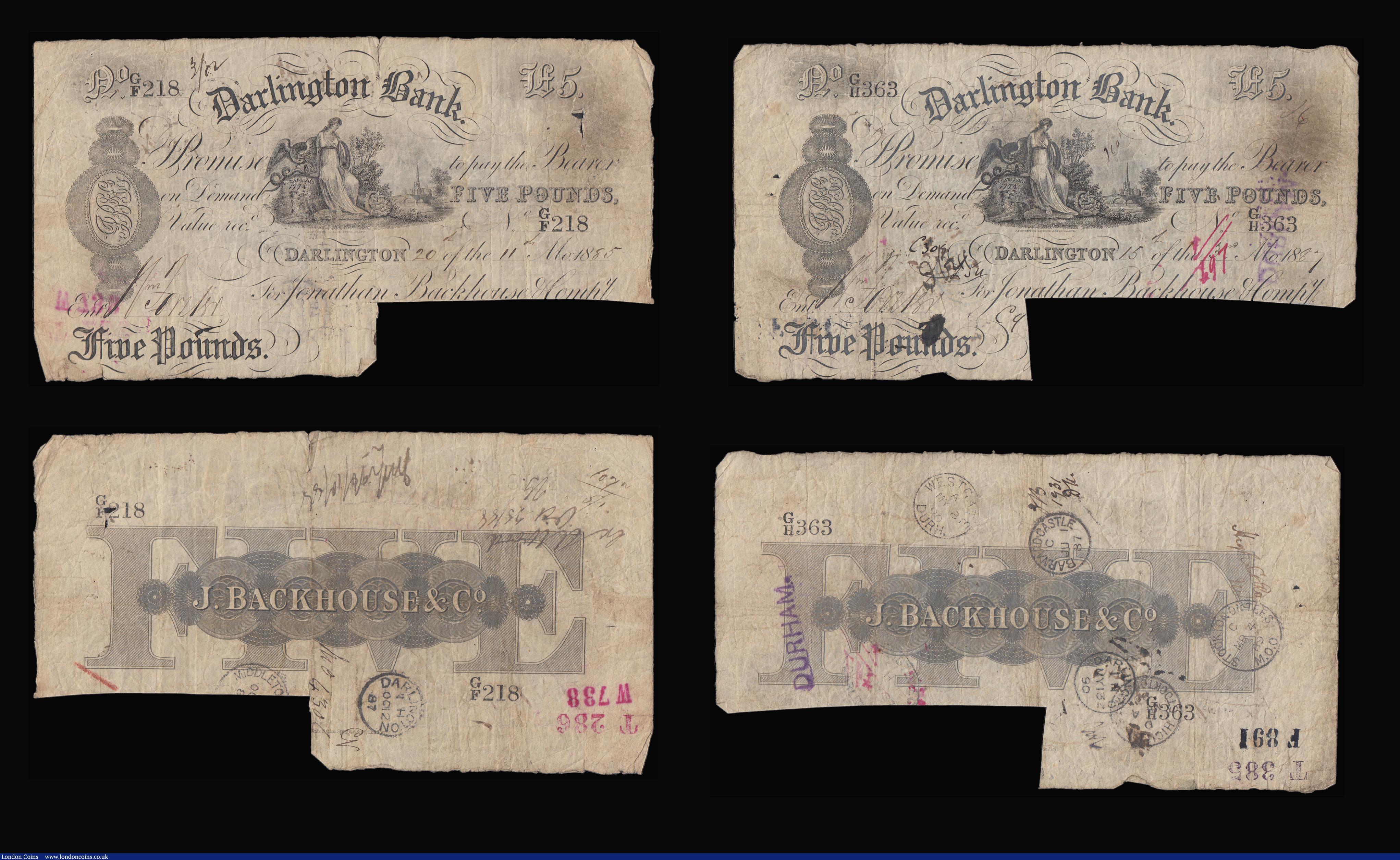 London Coins : A188 : Lot 98 : Northeast Five Pounds Provincials (5) Darlington Bank (3) and Durham Bank (1885-1890) these cut canc...