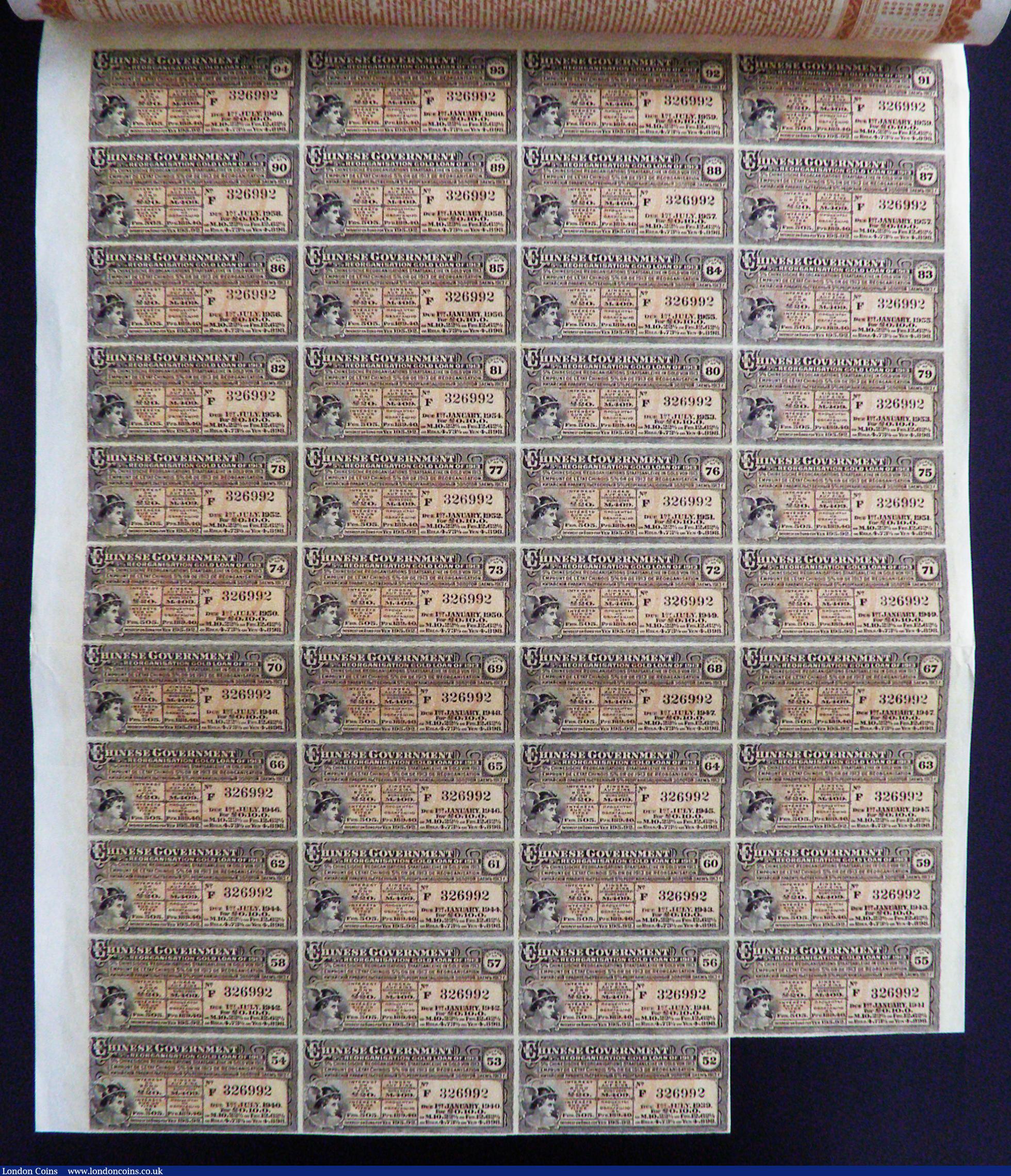 London Coins : A189 : Lot 1 : China, Chinese Government 1913 Reorganisation Gold Loan, Bonds for £20, vignettes of Mercury a...