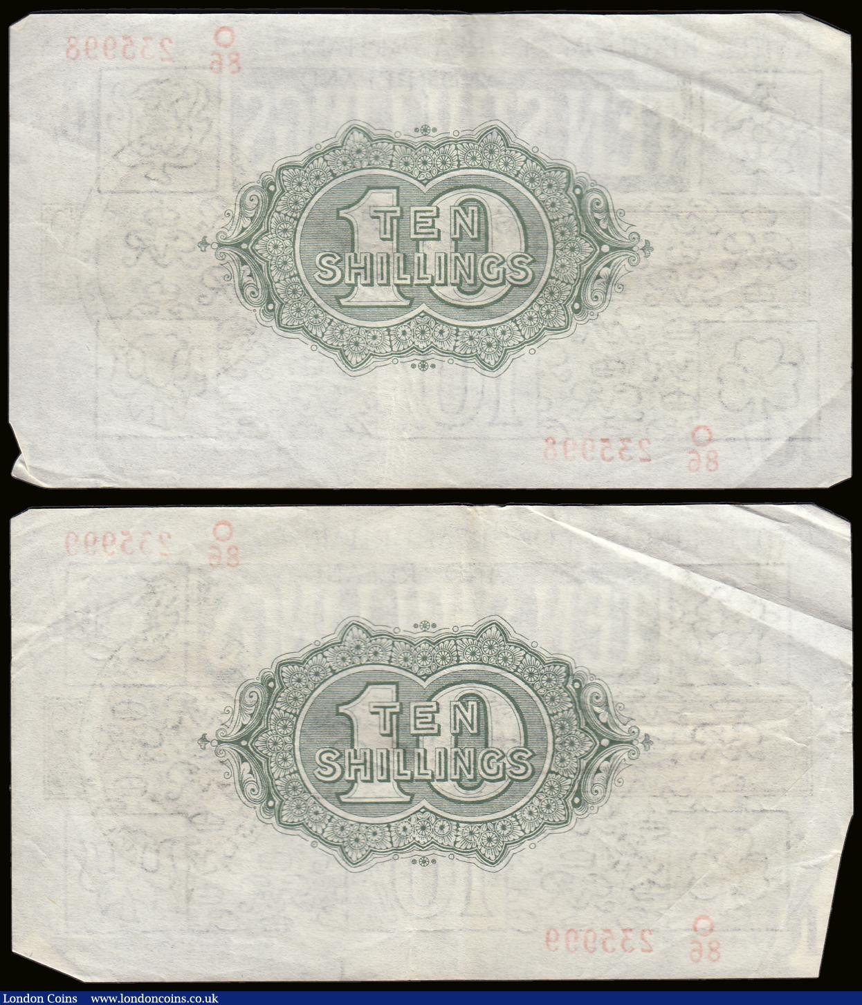 London Coins : A189 : Lot 10 : Ten Shillings Warren Fisher T30 issued 1922 (2 consecutives) O/86 235998 and 999, GVF