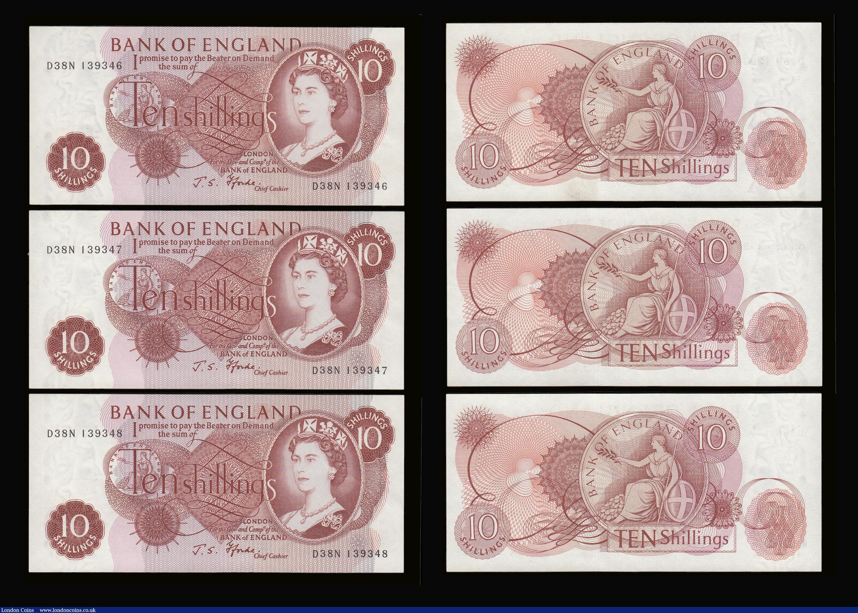 London Coins : A189 : Lot 100 : Ten Shillings Fforde B310 issued 1967 very last run D38N (6 consecutives) UNC or near so