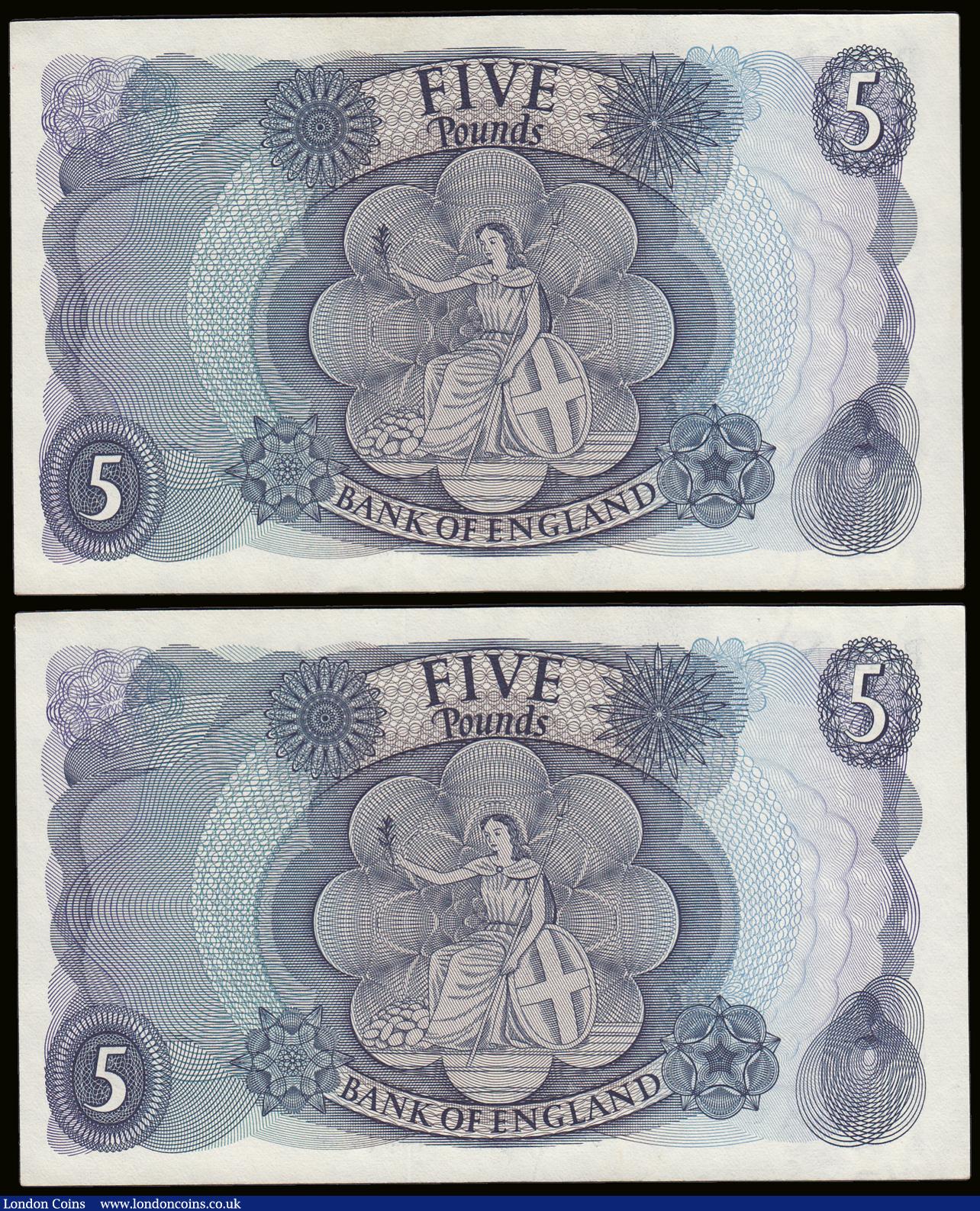 London Coins : A189 : Lot 104 : Five Pounds Fforde QE2 portrait & seated child Britannia B315 Replacement issue 1967 (2 near con...