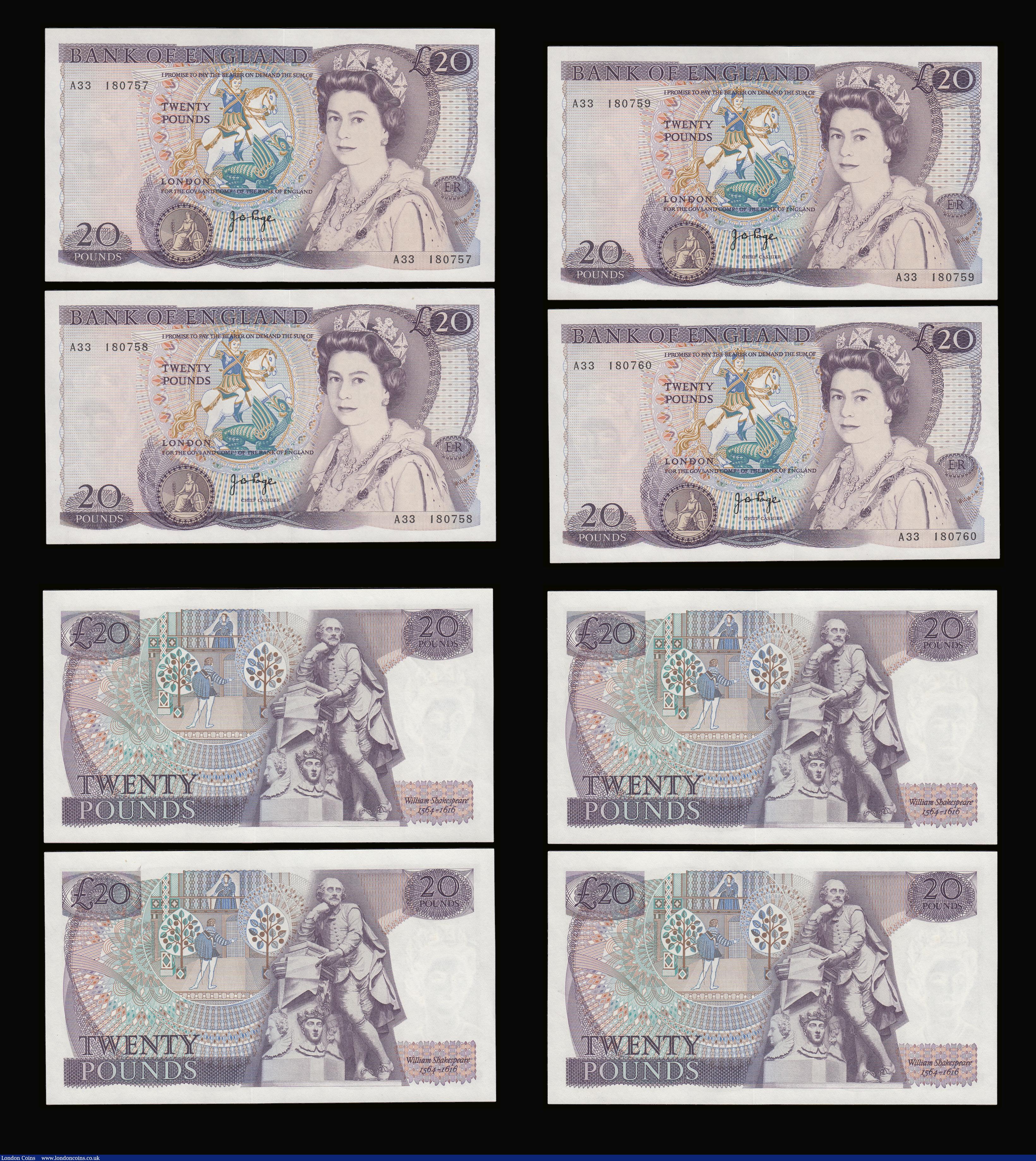 London Coins : A189 : Lot 111 : Twenty Pounds Page B328 issued 1970 first series William Shakespeare on reverse, Pick380b (10 consec...