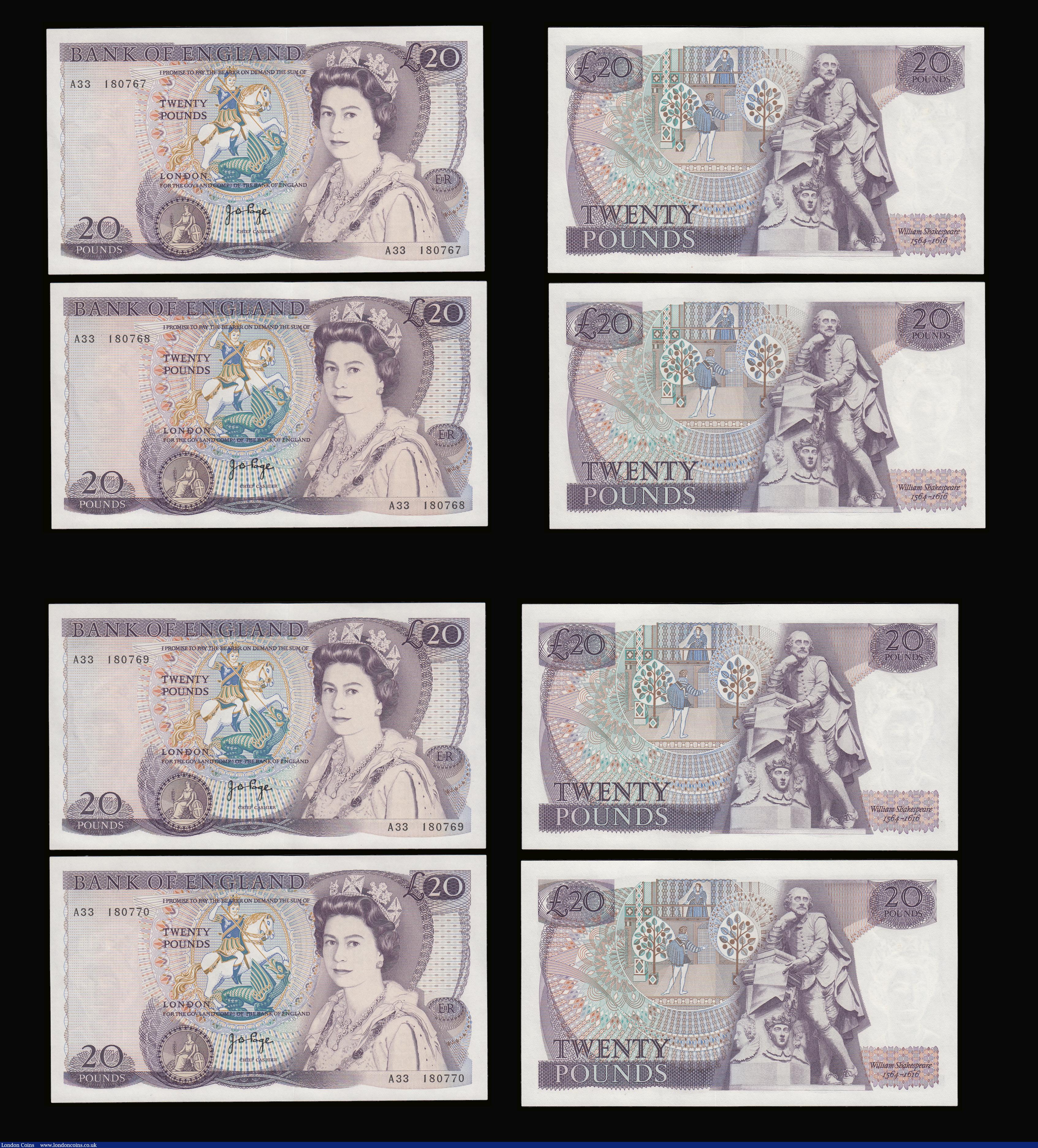 London Coins : A189 : Lot 112 : Twenty Pounds Page B328 issued 1970 first series William Shakespeare on reverse, Pick380b (10 consec...