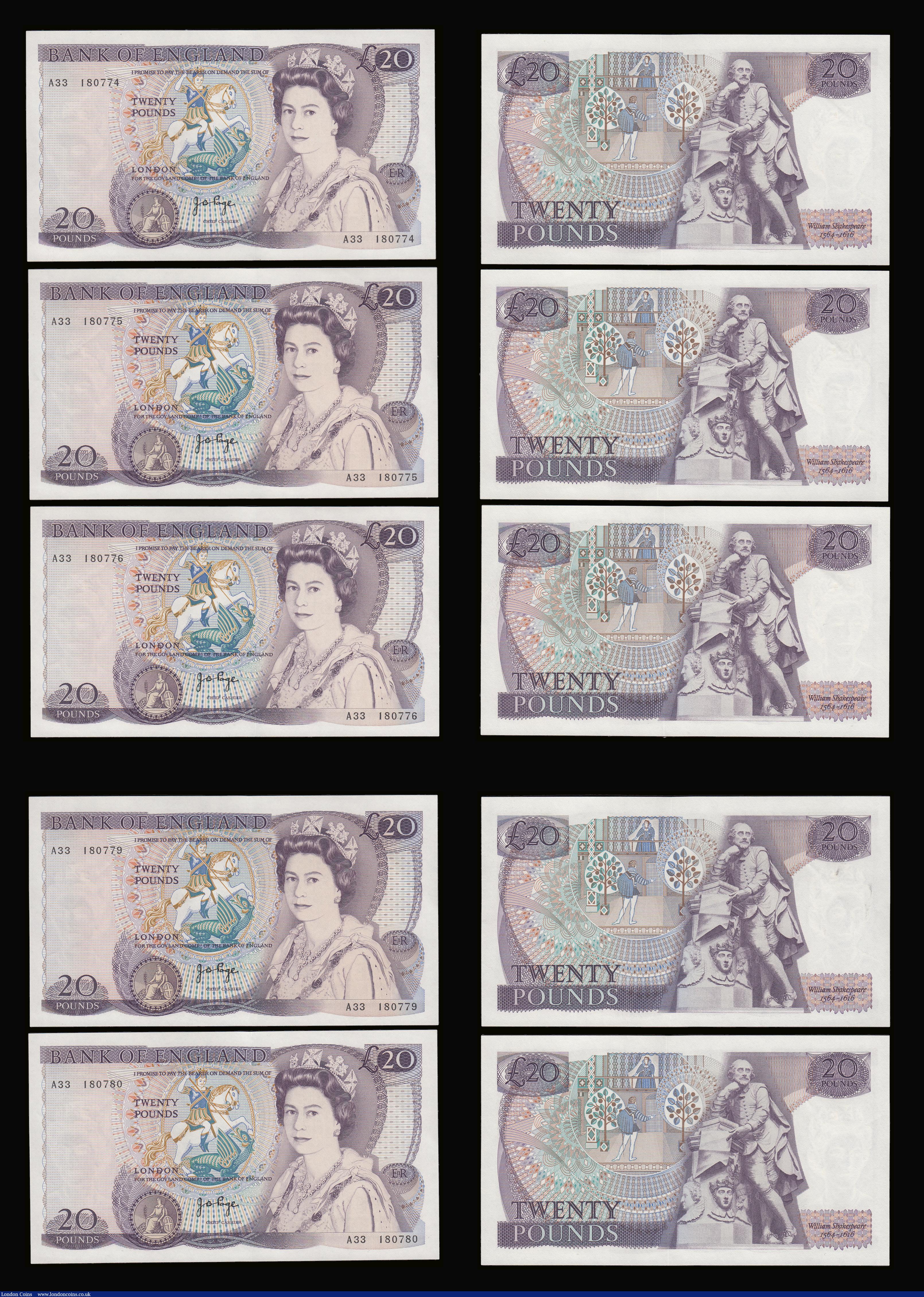 London Coins : A189 : Lot 113 : Twenty Pounds Page B328 issued 1970 first series William Shakespeare on reverse, Pick380b (10 consec...