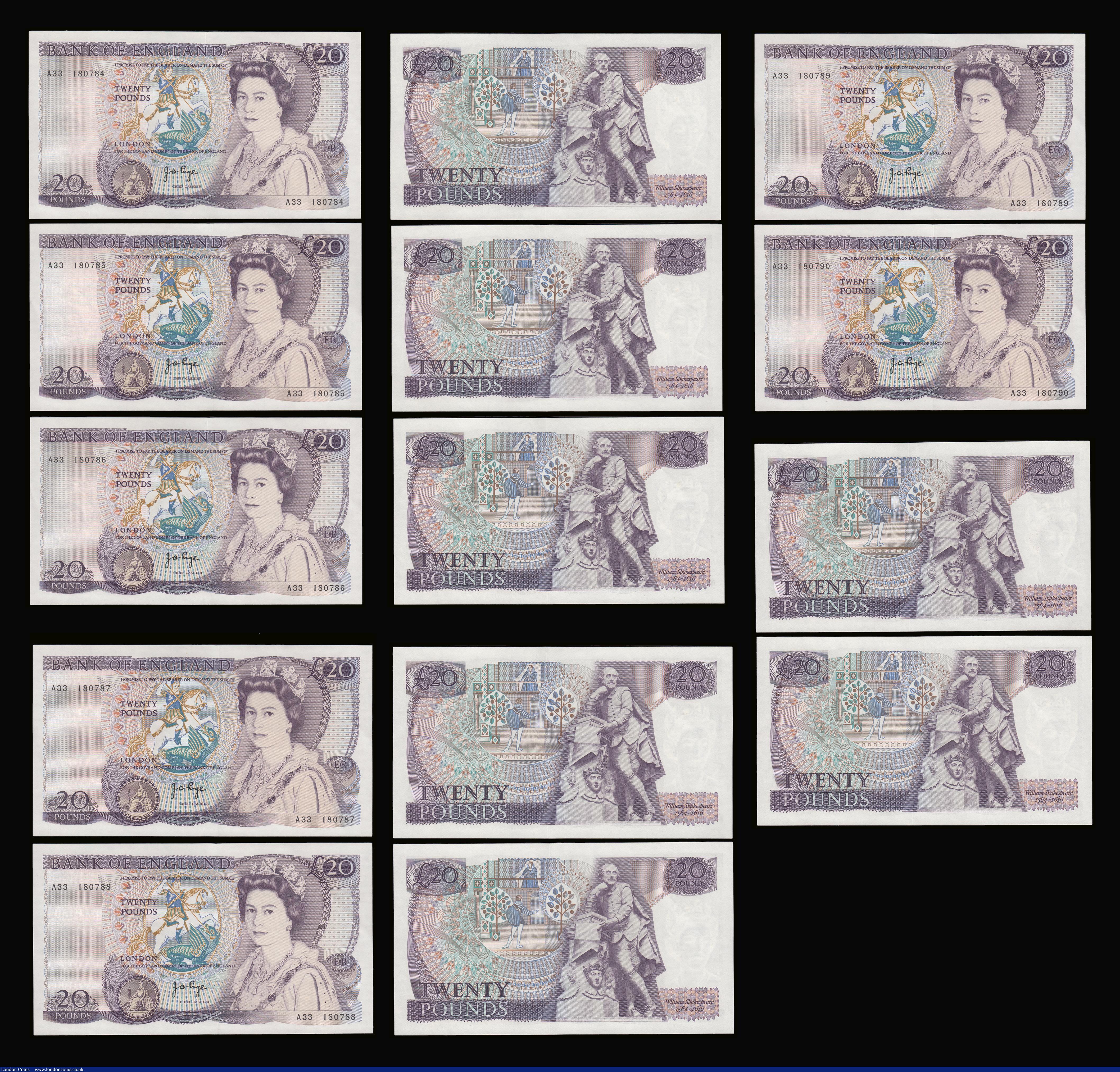 London Coins : A189 : Lot 114 : Twenty Pounds Page B328 issued 1970 first series William Shakespeare on reverse, Pick380b (10 consec...