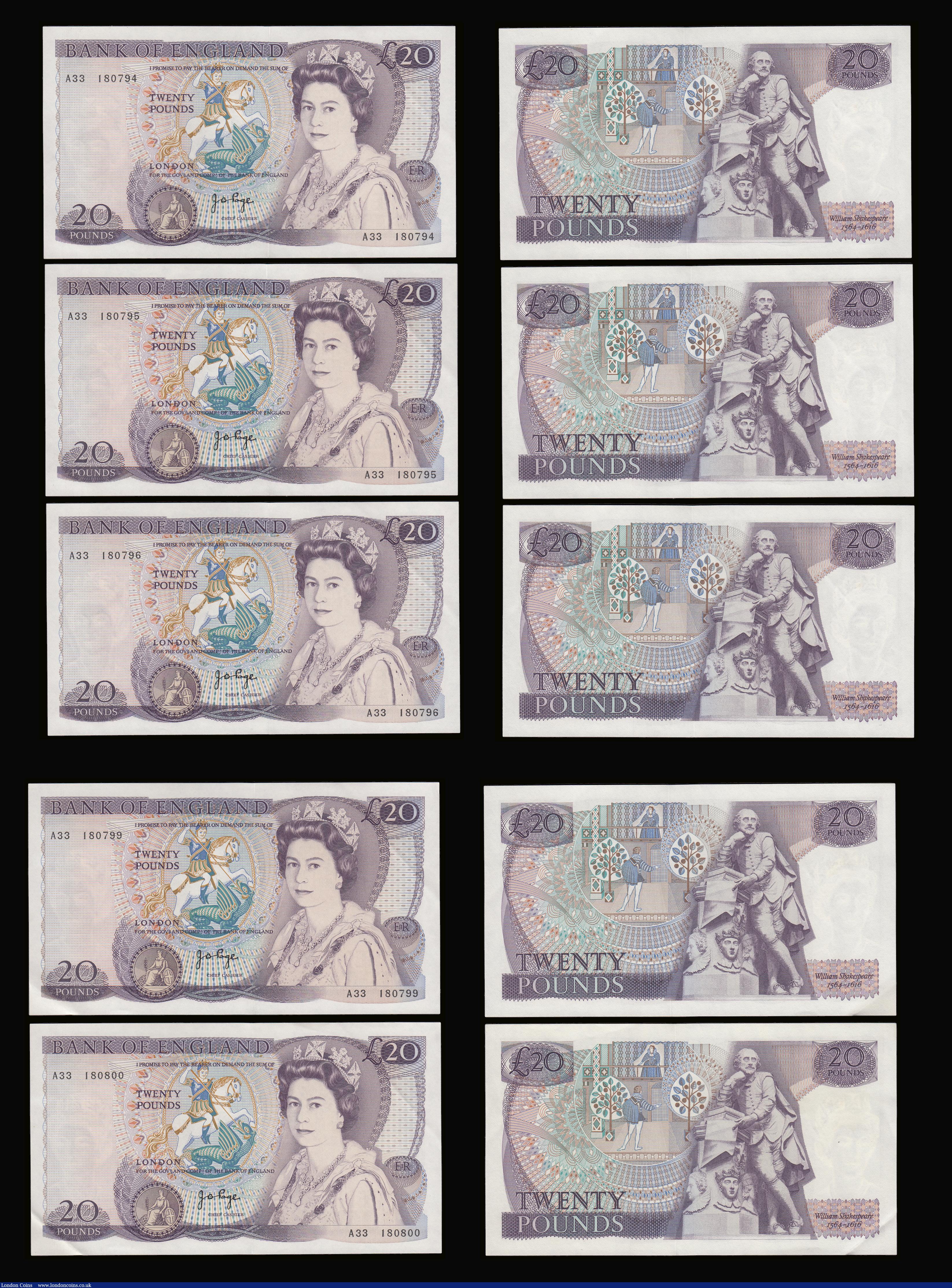 London Coins : A189 : Lot 115 : Twenty Pounds Page B328 issued 1970 first series William Shakespeare on reverse, Pick380b (10 consec...