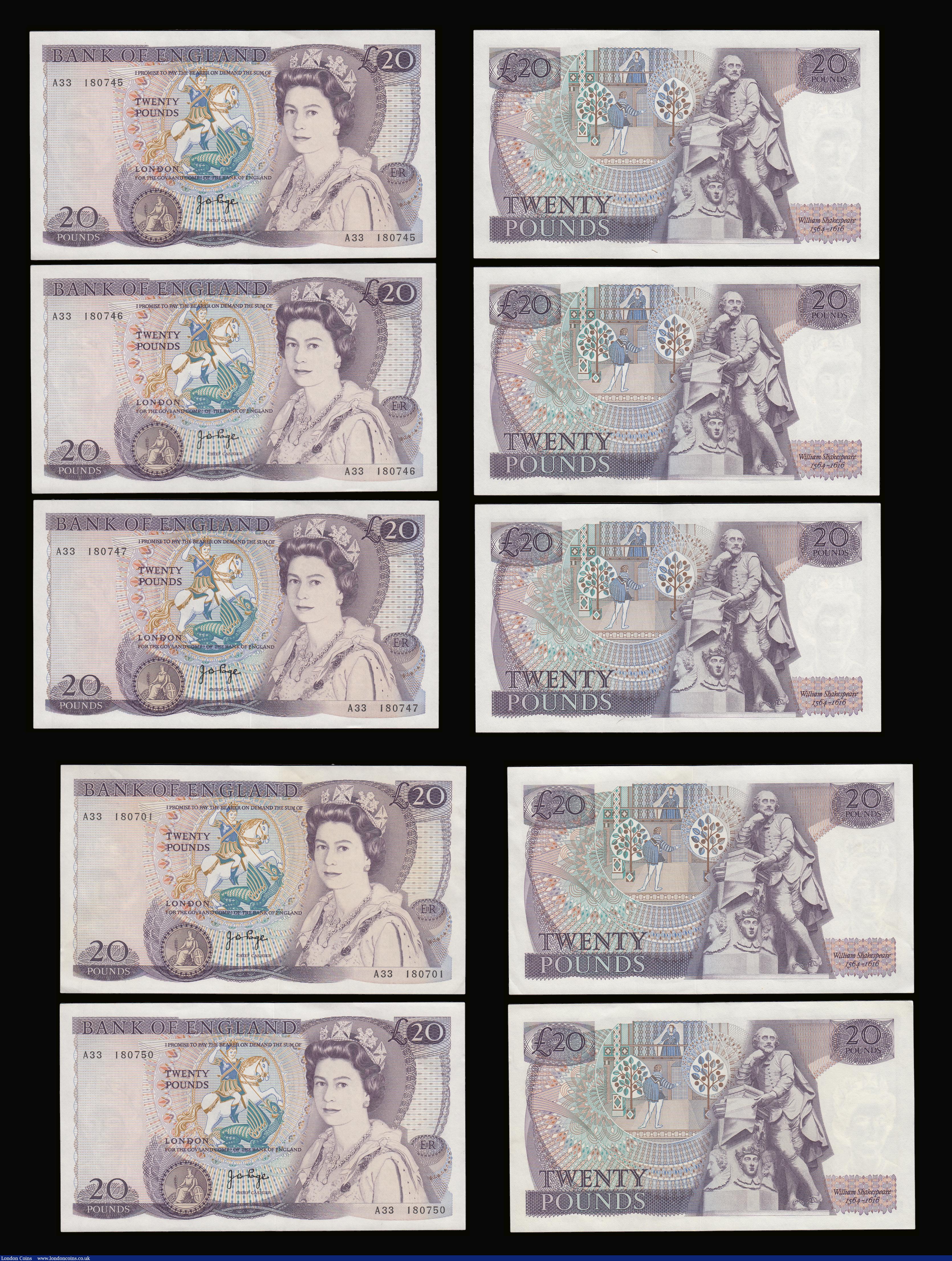 London Coins : A189 : Lot 116 : Twenty Pounds Page B328 issued 1970 first series William Shakespeare on reverse, Pick380b (10)  A33 ...
