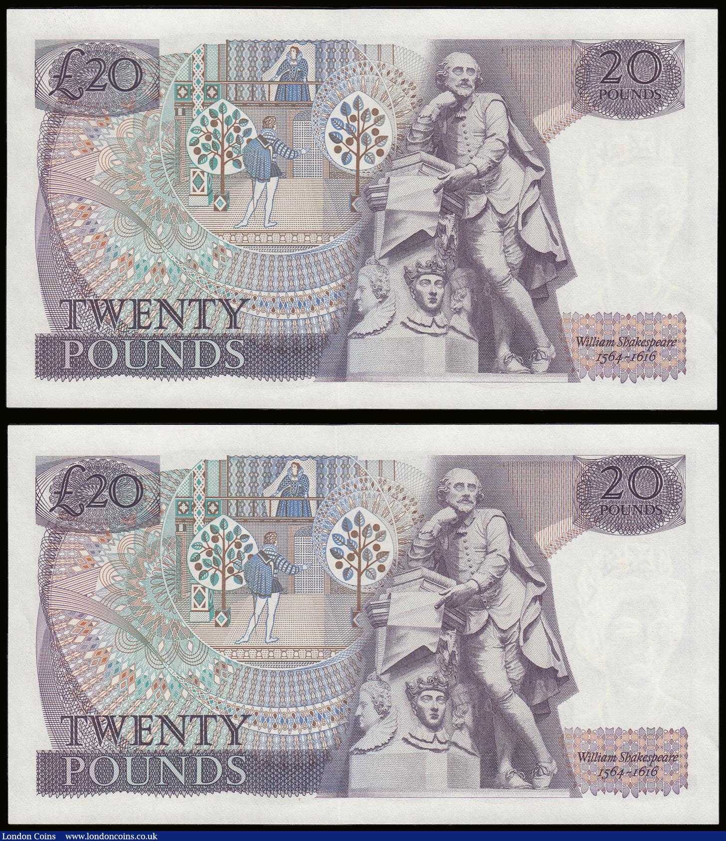 London Coins : A189 : Lot 117 : Twenty Pounds Page B328 issued 1970 first series William Shakespeare on reverse, Pick380b (2 consecu...