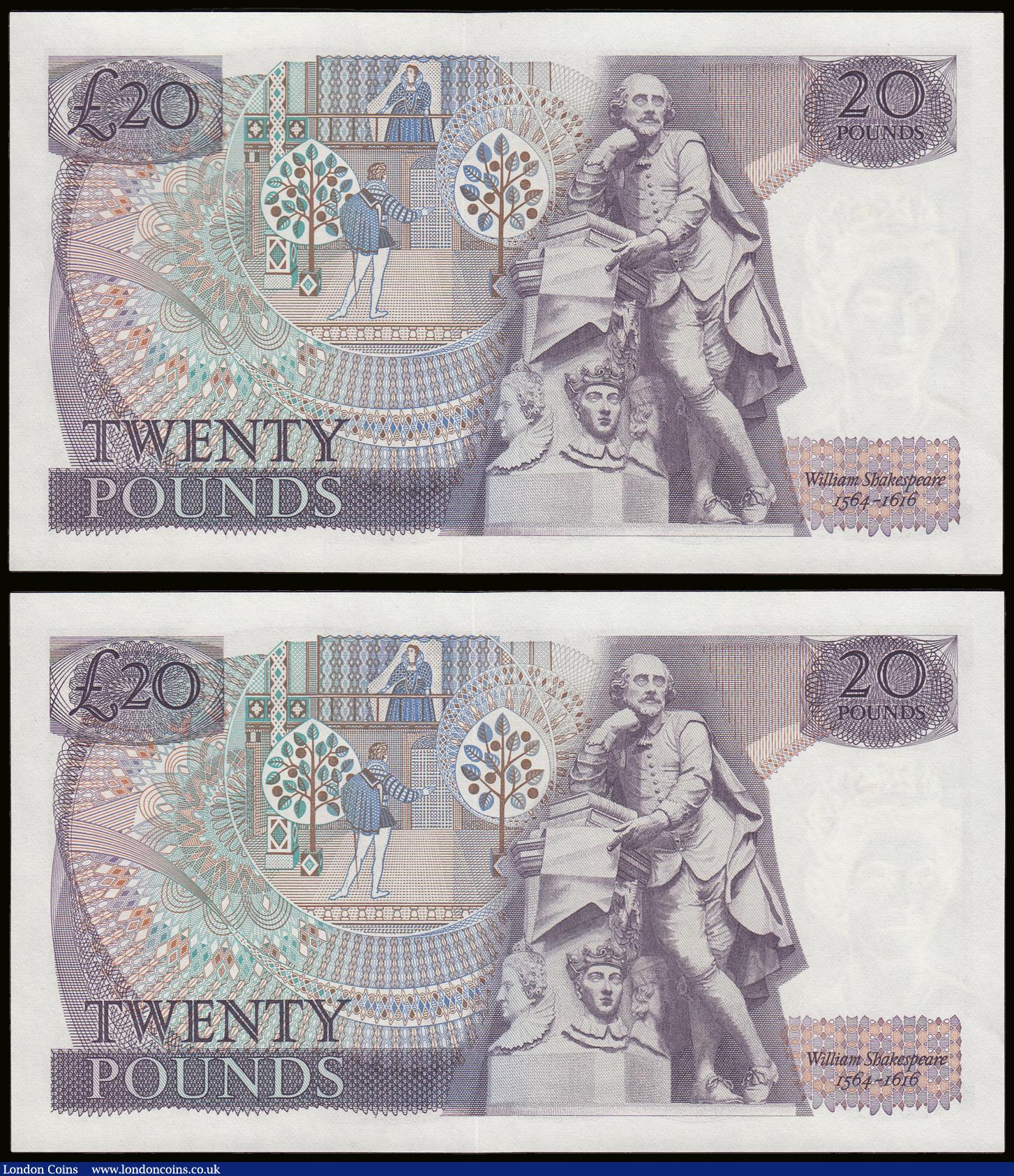 London Coins : A189 : Lot 118 : Twenty Pounds Page B328 issued 1970 first series William Shakespeare on reverse, Pick380b (2 consecu...