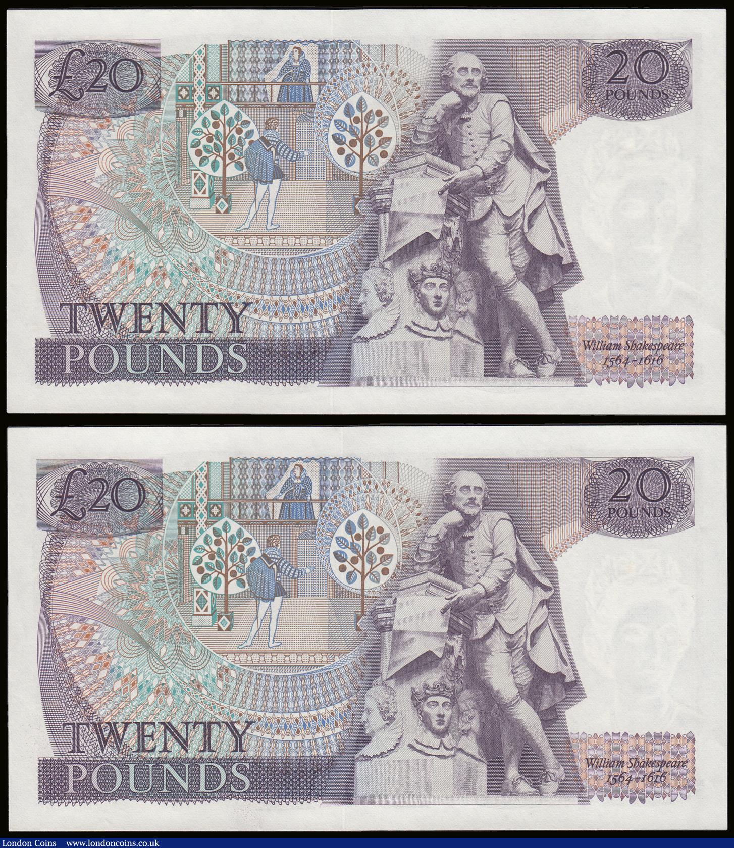 London Coins : A189 : Lot 119 : Twenty Pounds Page B328 issued 1970 first series William Shakespeare on reverse, Pick380b (2 consecu...