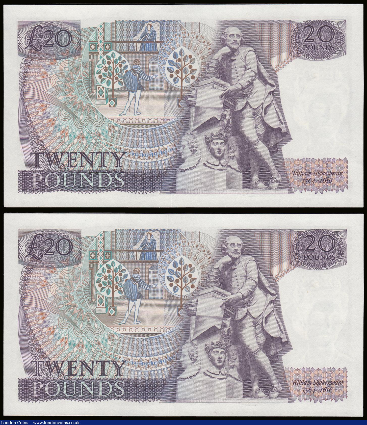London Coins : A189 : Lot 120 : Twenty Pounds Page B328 issued 1970 first series William Shakespeare on reverse, Pick380b (2 consecu...