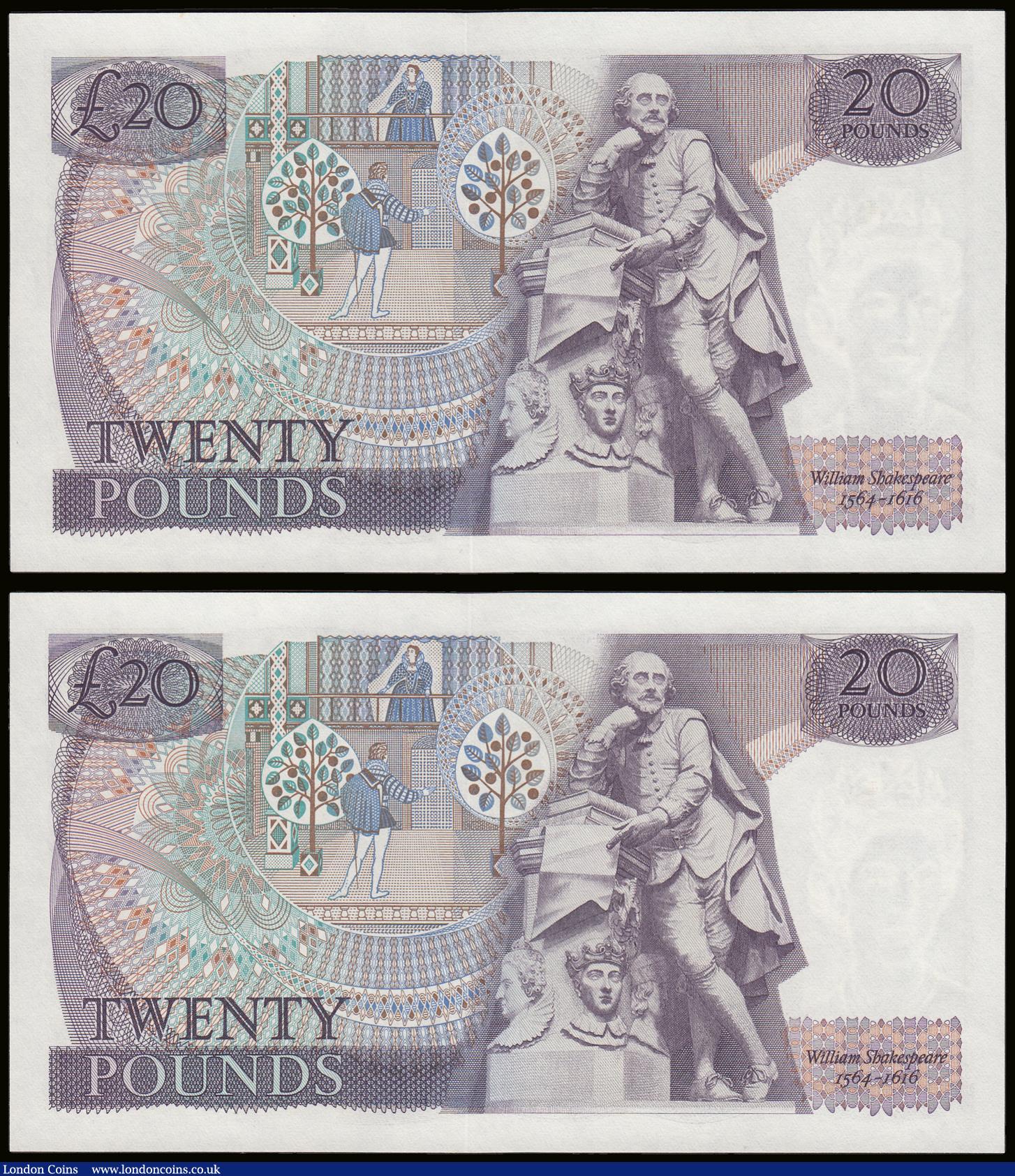 London Coins : A189 : Lot 121 : Twenty Pounds Page B328 issued 1970 first series William Shakespeare on reverse, Pick380b (2 consecu...