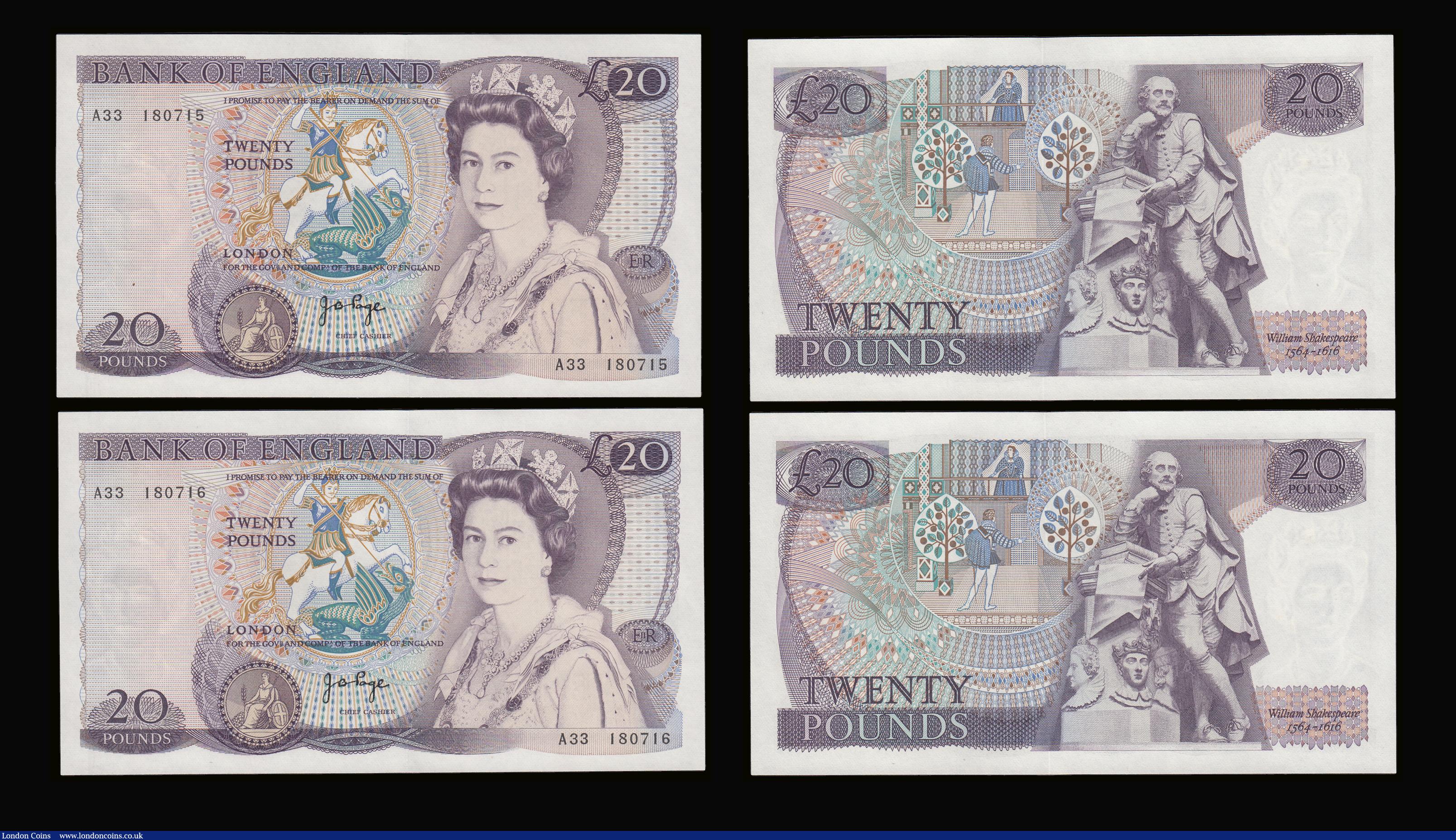 London Coins : A189 : Lot 122 : Twenty Pounds Page B328 issued 1970 first series William Shakespeare on reverse, Pick380b (5 consecu...