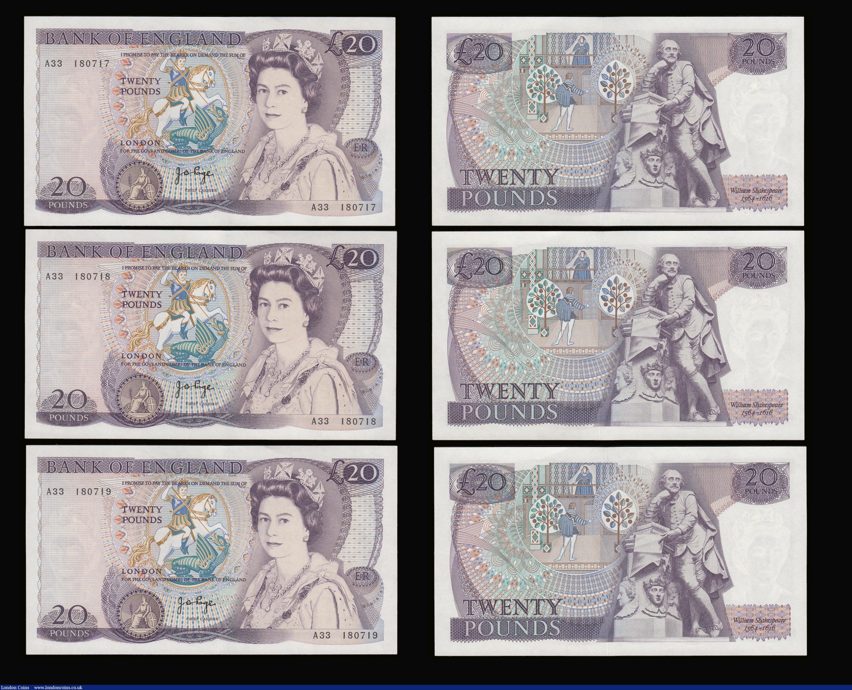 London Coins : A189 : Lot 123 : Twenty Pounds Page B328 issued 1970 first series William Shakespeare on reverse, Pick380b (5 consecu...