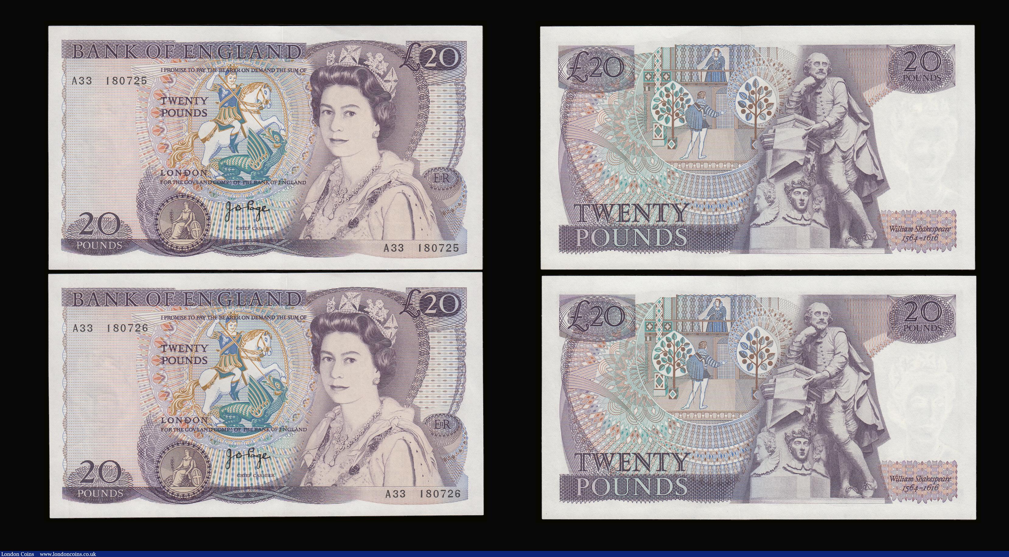 London Coins : A189 : Lot 124 : Twenty Pounds Page B328 issued 1970 first series William Shakespeare on reverse, Pick380b (5 consecu...