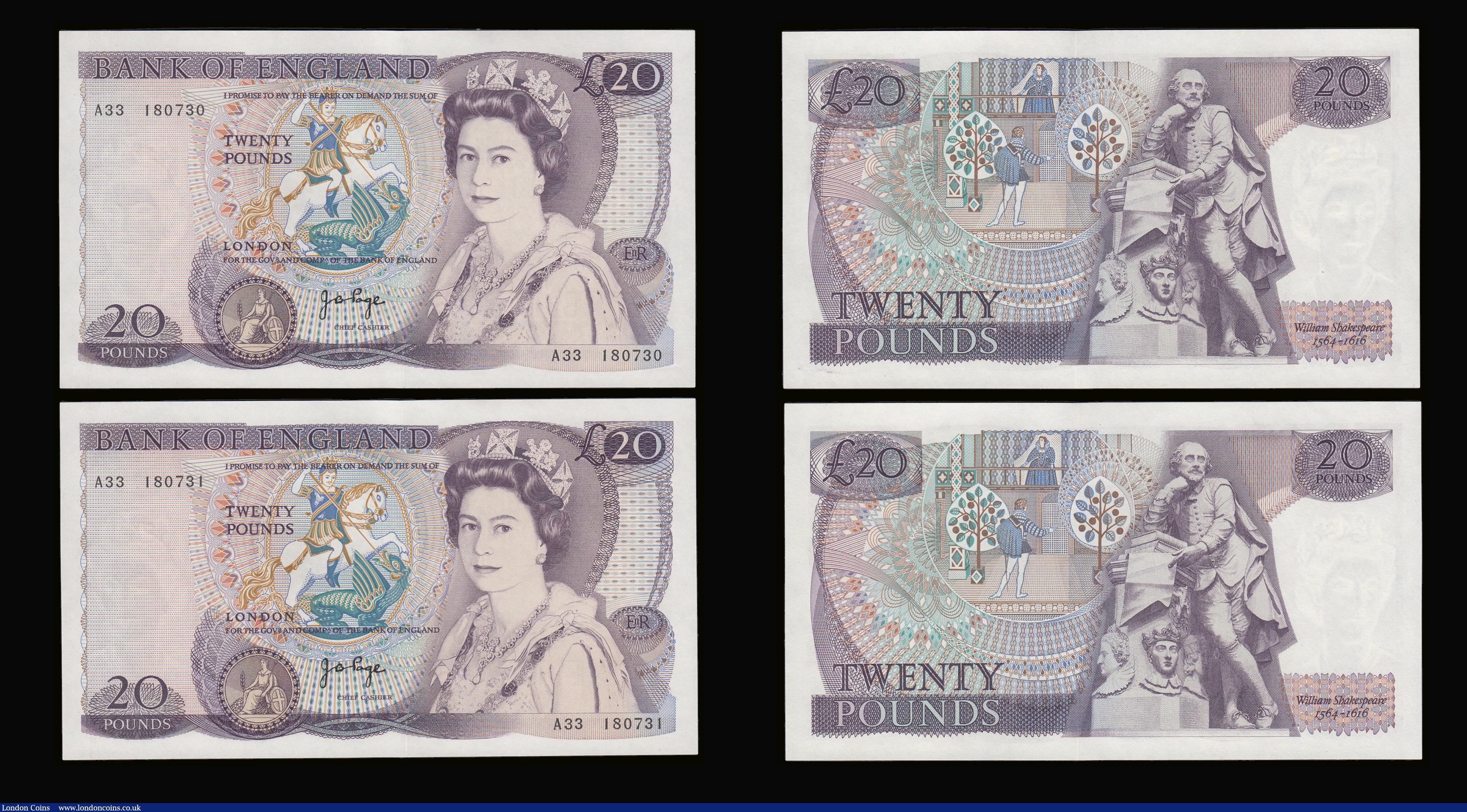 London Coins : A189 : Lot 125 : Twenty Pounds Page B328 issued 1970 first series William Shakespeare on reverse, Pick380b (5 consecu...
