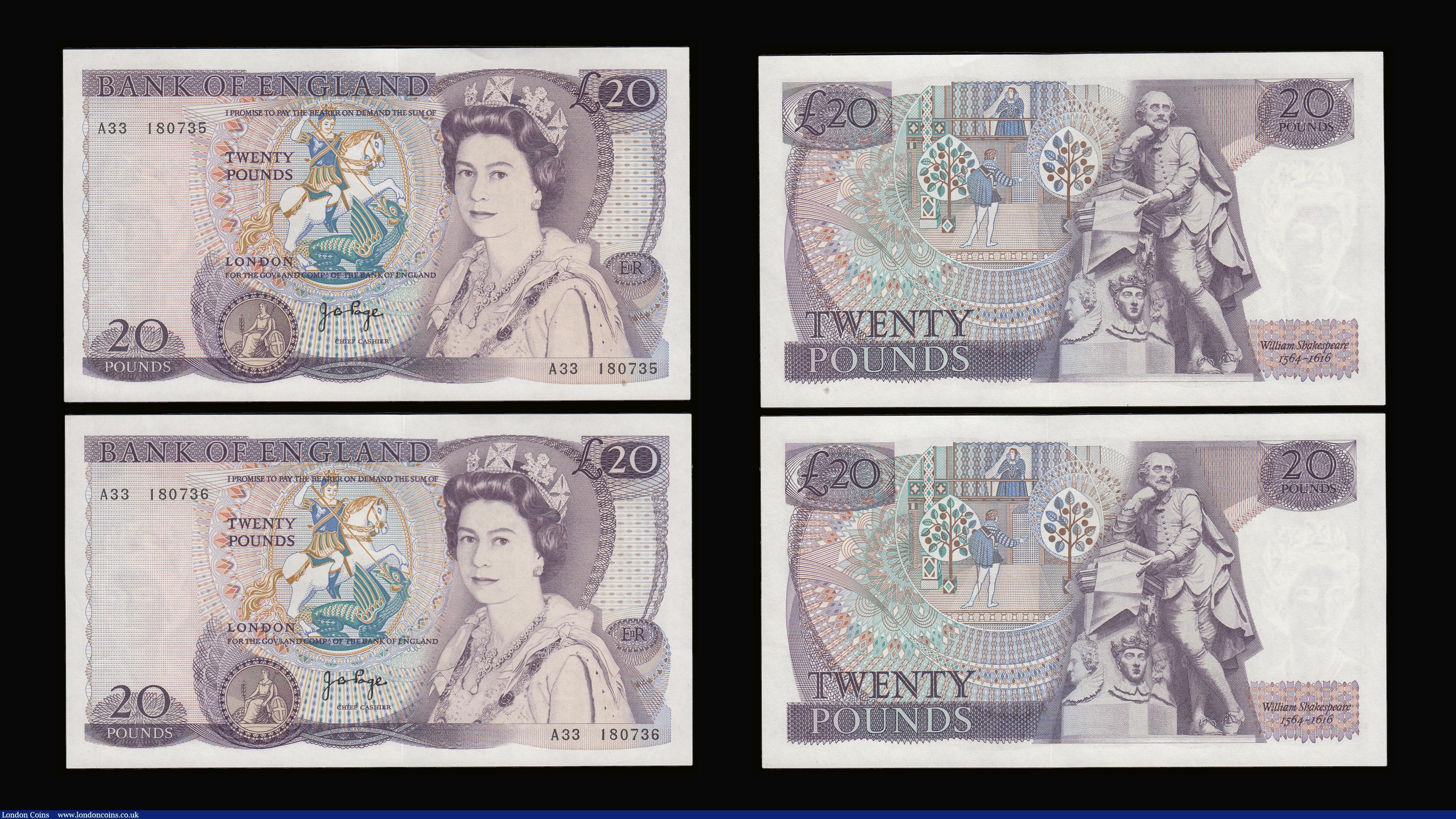 London Coins : A189 : Lot 126 : Twenty Pounds Page B328 issued 1970 first series William Shakespeare on reverse, Pick380b (5 consecu...