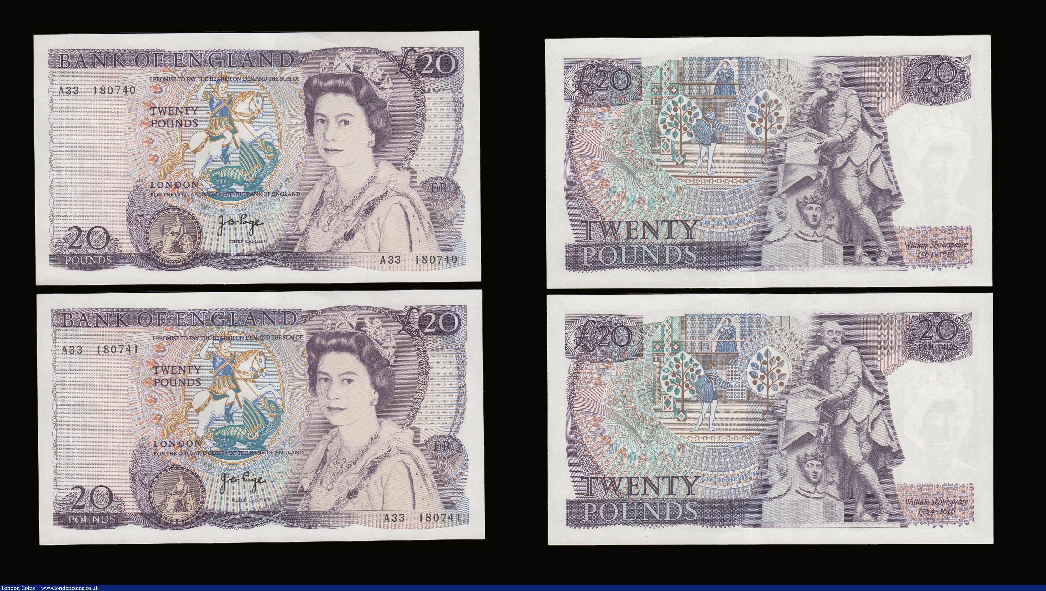 London Coins : A189 : Lot 127 : Twenty Pounds Page B328 issued 1970 first series William Shakespeare on reverse, Pick380b (5 consecu...