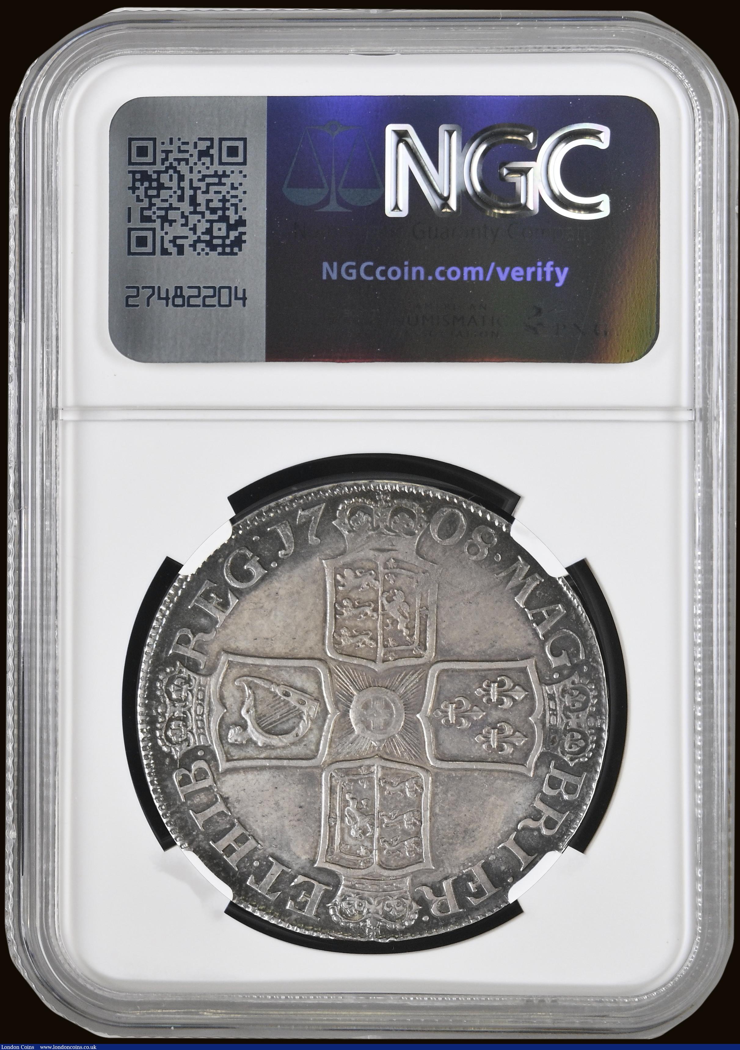 London Coins : A189 : Lot 1378 : Crown 1708 Plain in angles ESC 105 NGC MS62, the finest example we have so far offered, the NGC popu...