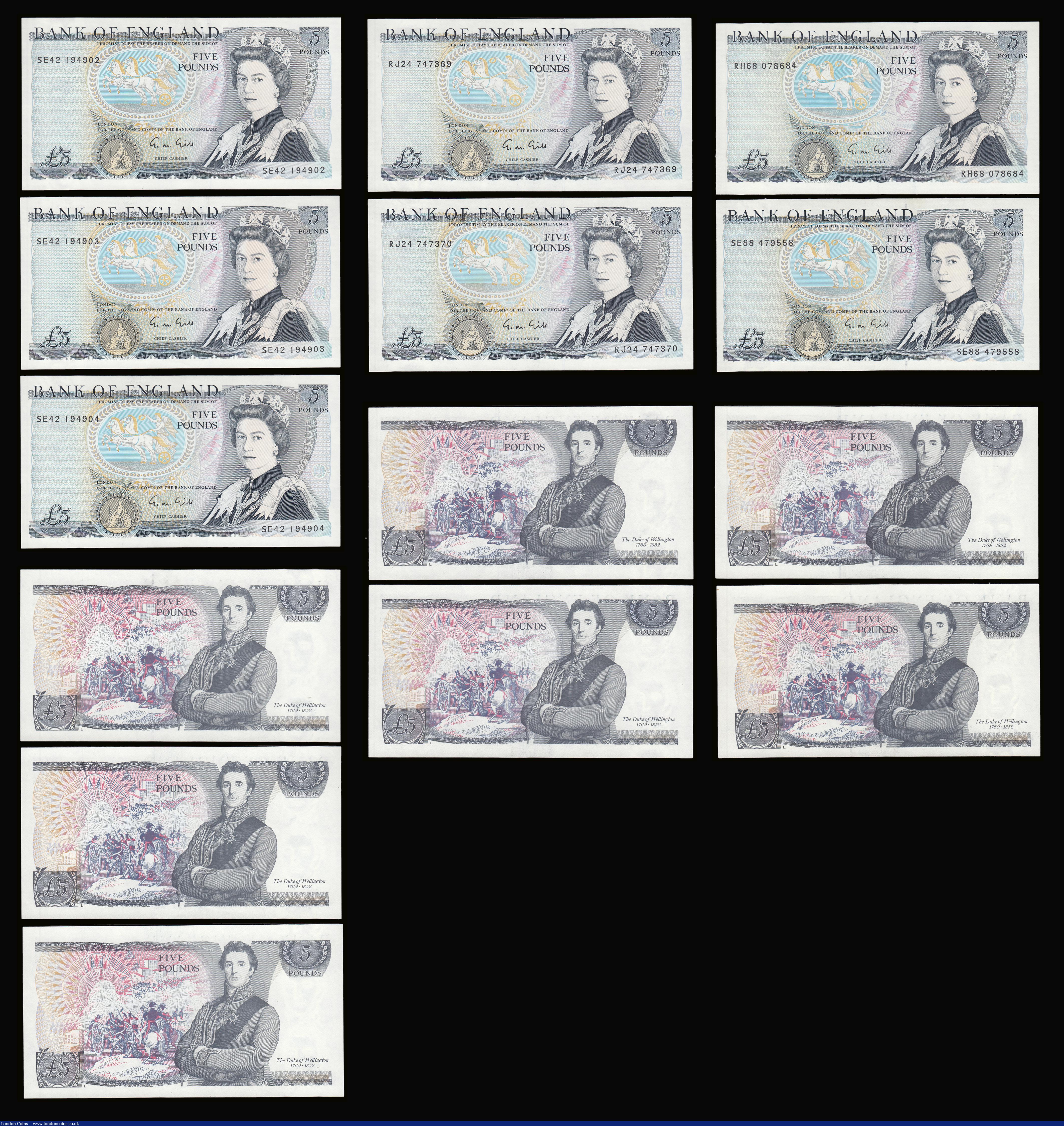 London Coins : A189 : Lot 144 : Five Pounds Duke of Wellington Gill B353 issued 1988 (13) various mid series prefixes generally AU-U...