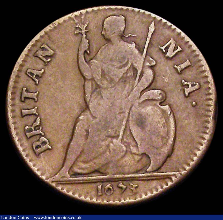 London Coins : A189 : Lot 1455 : Farthing 1673 CAROLA error, Peck 523, Fine/About Fine and bold, our archive database stretching back...
