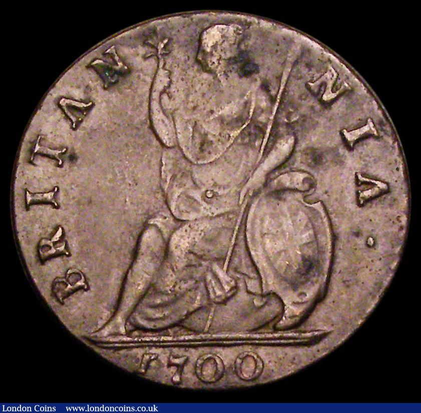 London Coins : A189 : Lot 1458 : Farthing 1700 BRITɅNNIɅ error, Peck 669, VF or slightly better with some small spots, listed as &#...