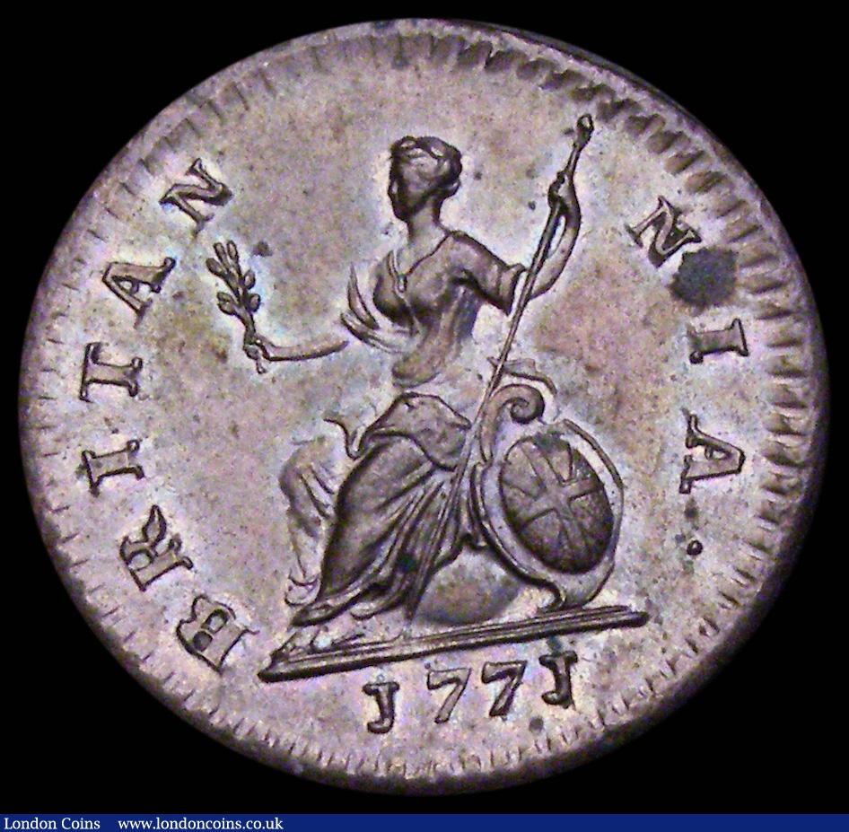 London Coins : A189 : Lot 1464 : Farthing 1771 Reverse B, Olive branch points to the left limb of the first N in BRITANNIA, Peck 909,...