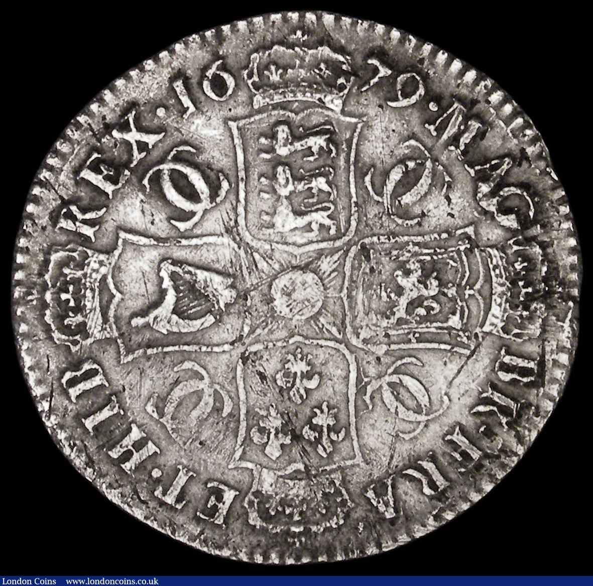 London Coins : A189 : Lot 1662 : Halfcrown 1679 PRICESIMO PRIMO error edge, ESC 484, Bull 487, VG/Fine with many long scratches, rate...