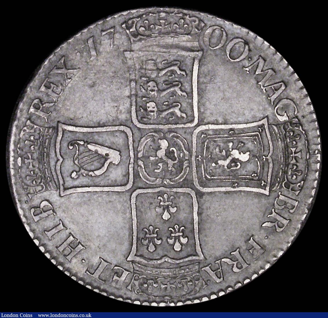 London Coins : A189 : Lot 1690 : Halfcrown 1700 DECIMO TERTIO with Inverted A for V in DECVS, ESC 563, Bull 1045, Good Fine or better...
