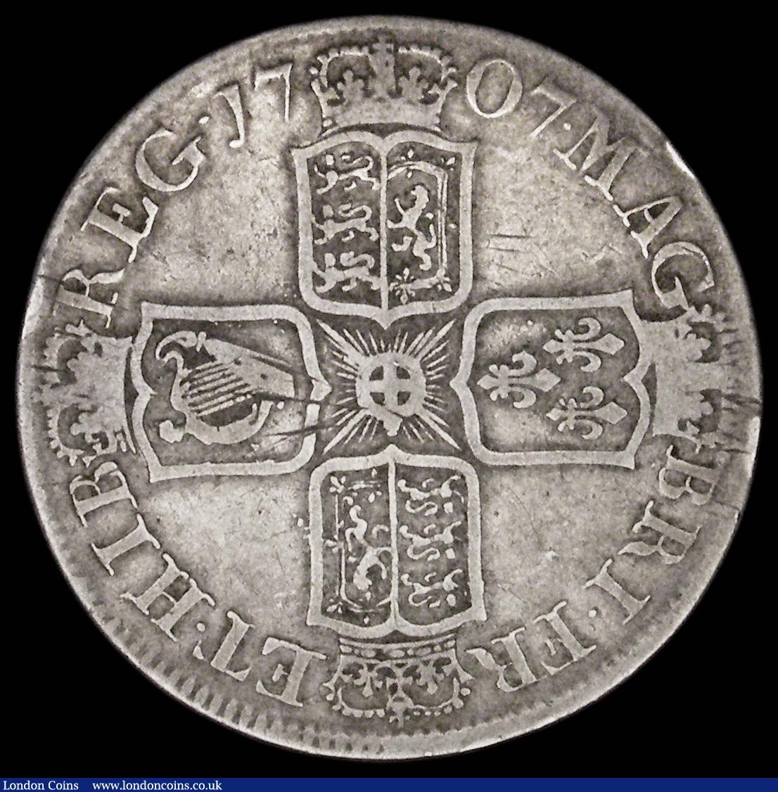 London Coins : A189 : Lot 1698 : Halfcrown 1707E SEXTO with T*TAMEN error edge, unlisted by the 1992 ESC, Bull 1380, VG/Near Fine, th...