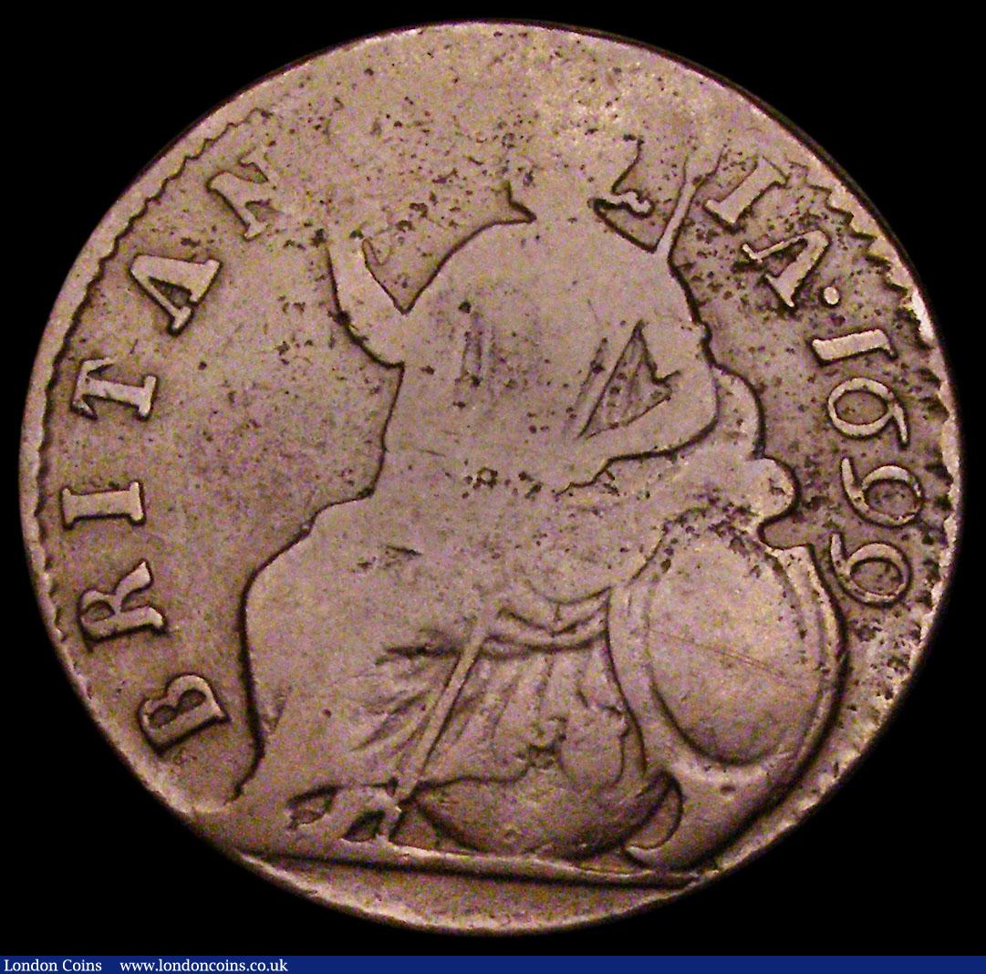 London Coins : A189 : Lot 1791 : Halfpenny 1699 Date in Legend, GVLIELMV error legend also with No Stop after Date, Peck does not rec...