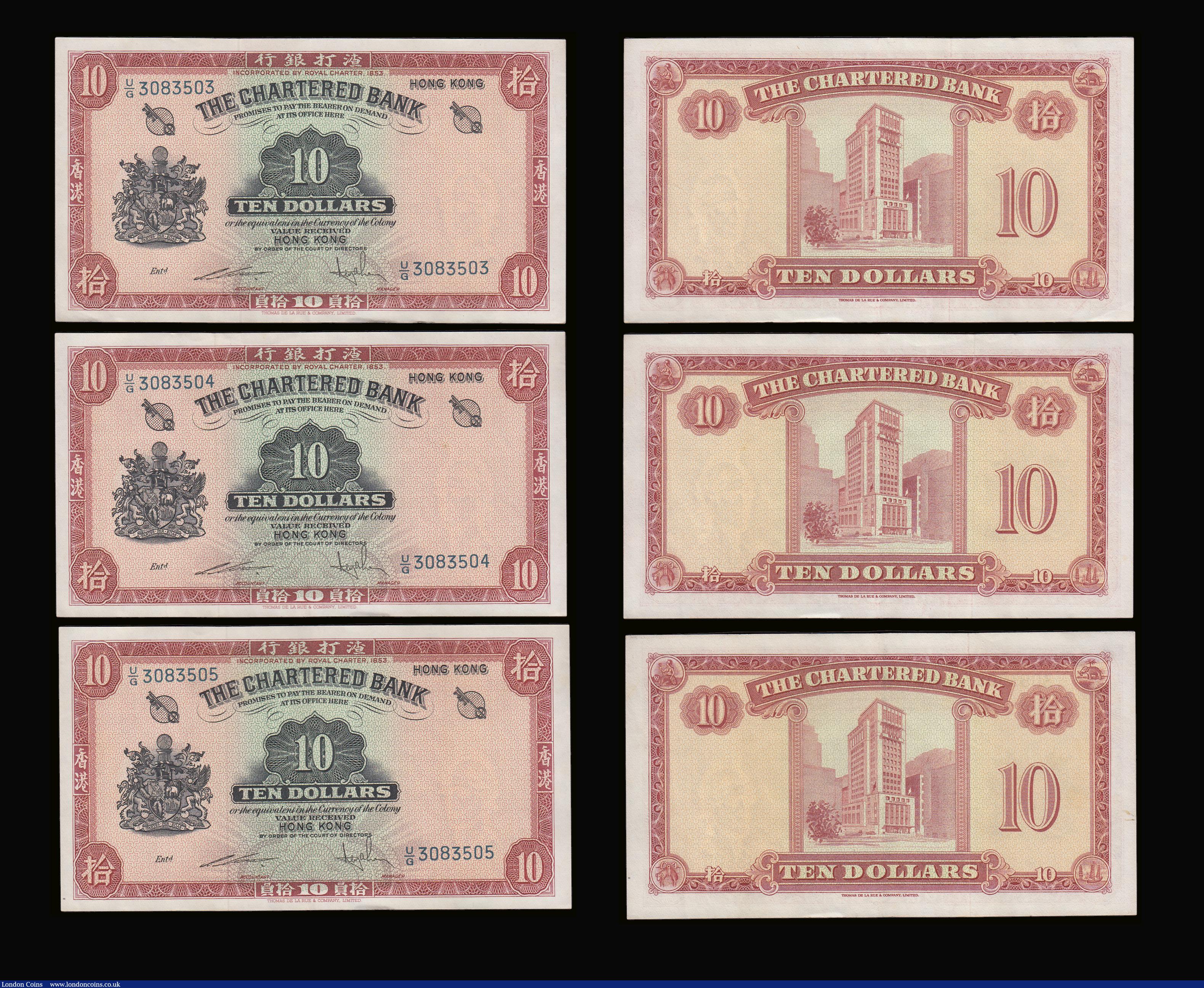 London Coins : A189 : Lot 221 : Hong Kong The Chartered Bank 10 Dollars undated Pick 70c (5) a consecutive number run U/G 3083501-35...