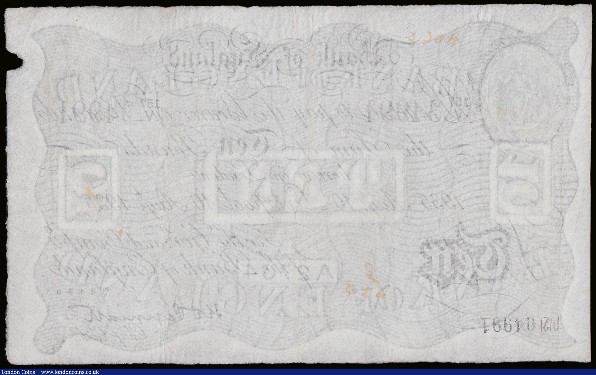 London Coins : A189 : Lot 24 : Five Pounds white Nairne, B208b dated January 11 1913, LEEDS branch, S/N 29/T 54364 probably nearer ...