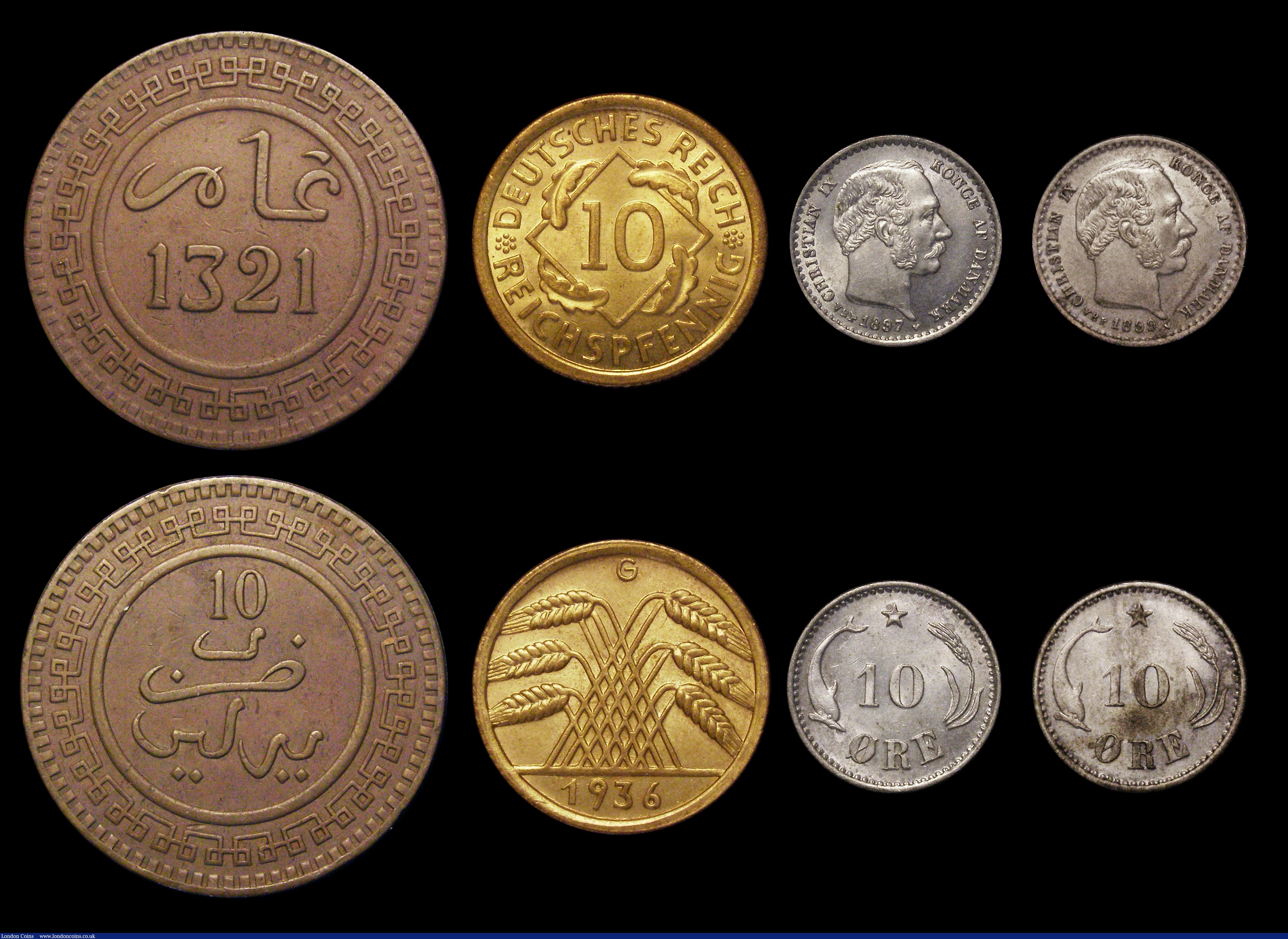 London Coins : A189 : Lot 2513 : World (8) Germany - Weimar Republic Ten Reichspfennigs 1936G KM#40 Lustrous UNC, Denmark (2) Ten Ore...